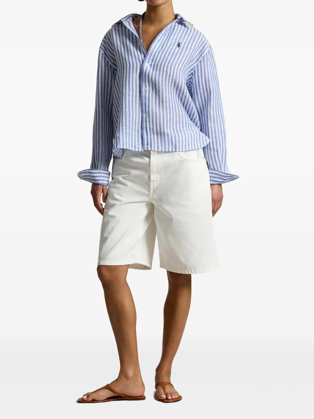 RALPH LAUREN WOMEN Wide Cropped Gingham Linen Shirt Blue/White