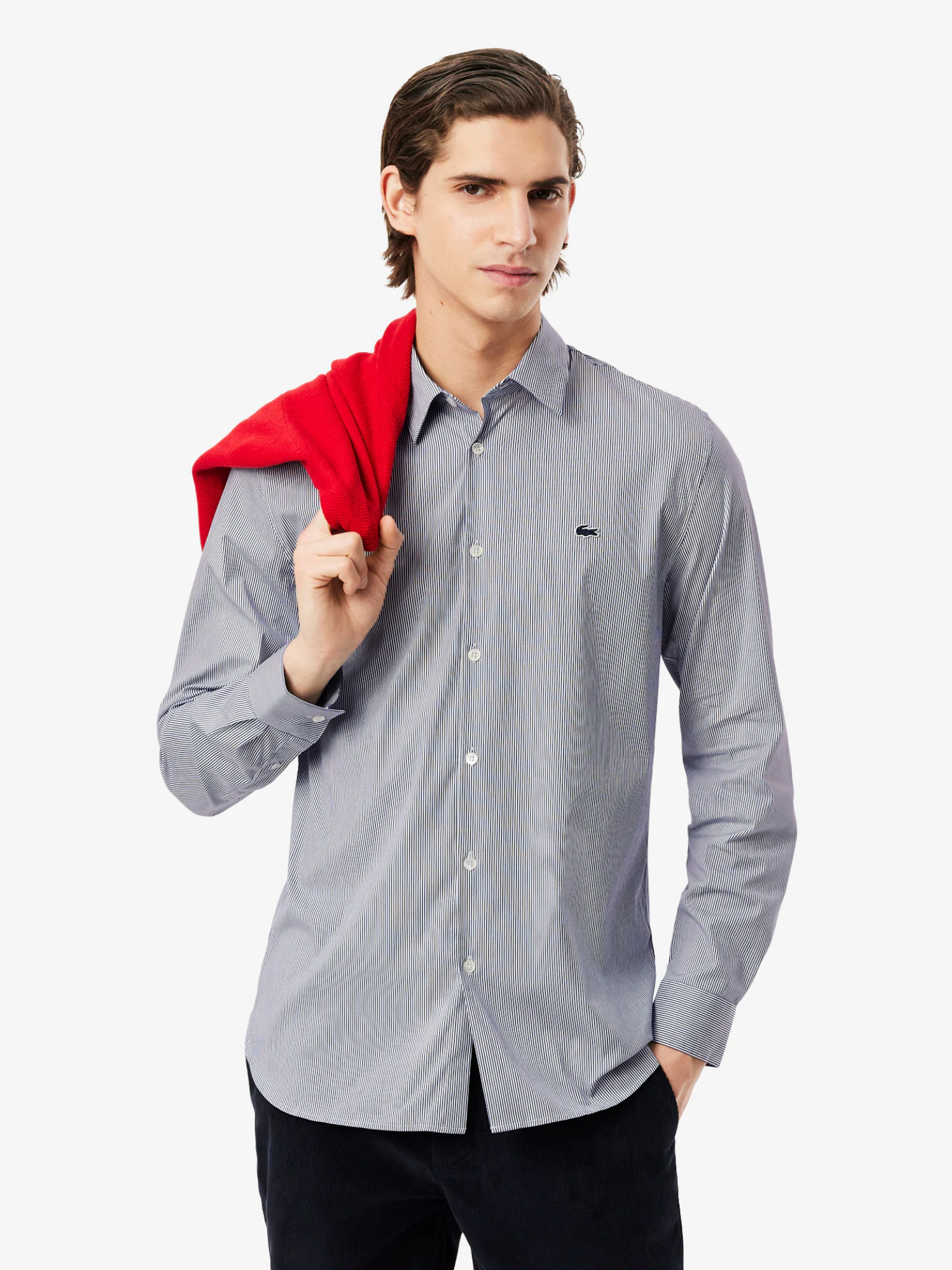 LACOSTE Slim Fit Striped Stretch Poplin Shirt White/Navy
