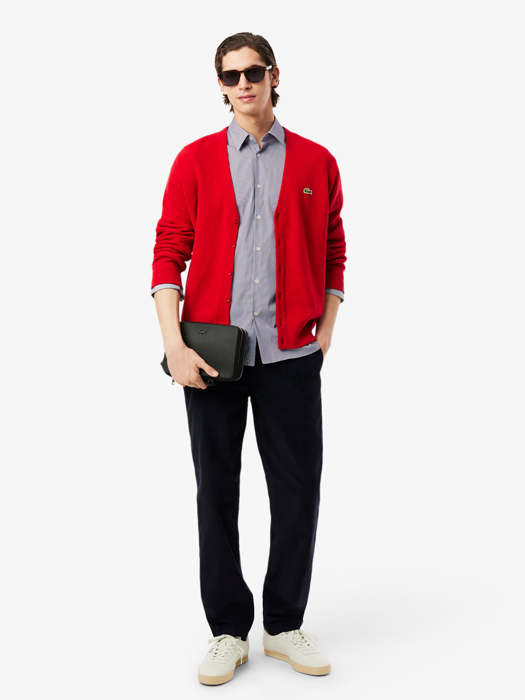 LACOSTE Slim Fit Striped Stretch Poplin Shirt White/Navy