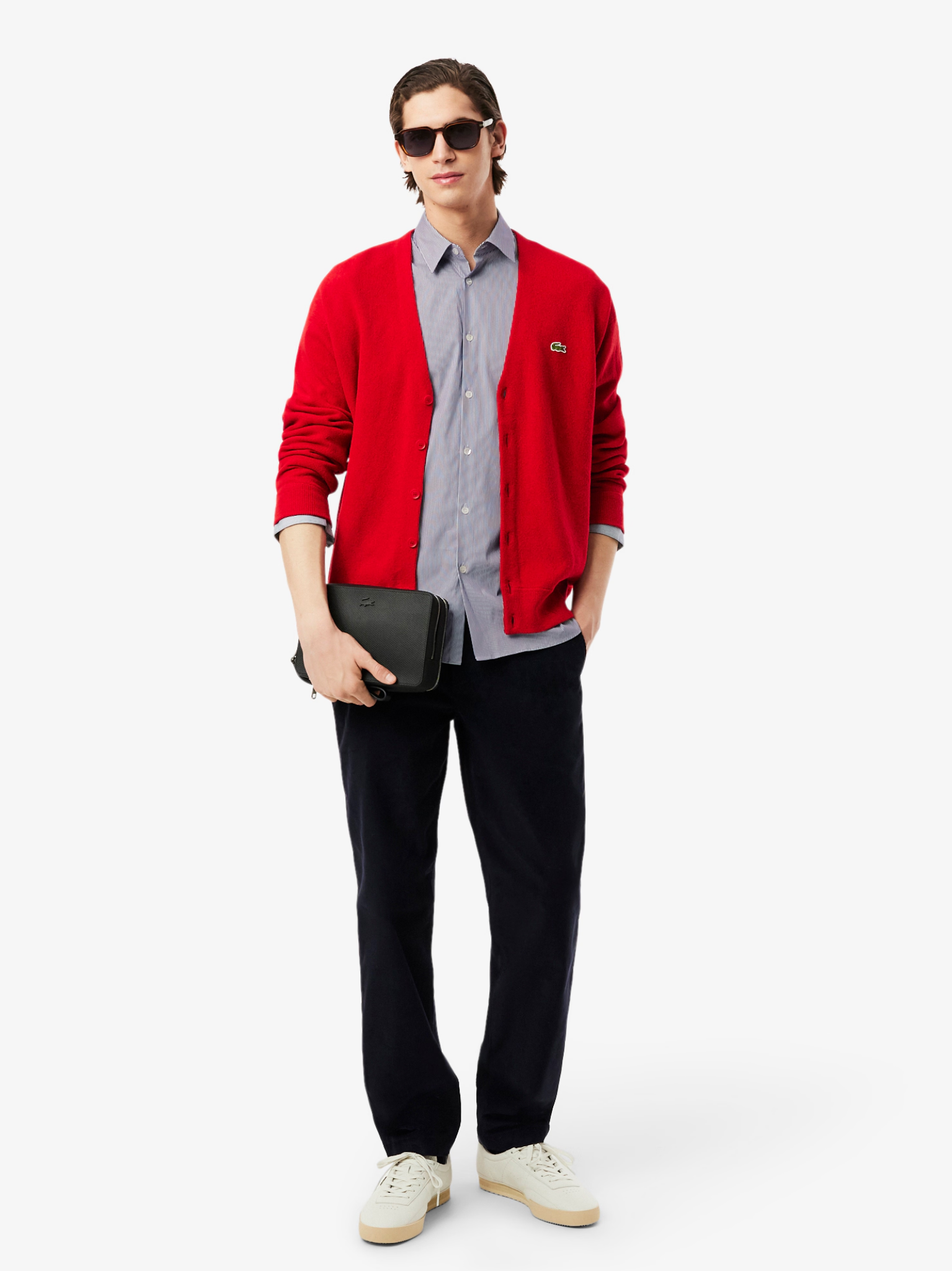 LACOSTE Slim Fit Striped Stretch Poplin Shirt White/Navy