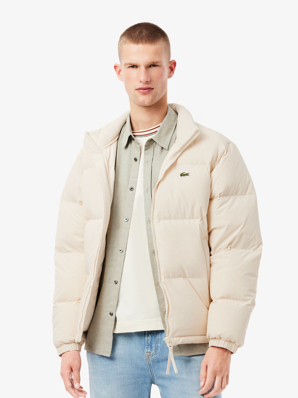 LACOSTE Water-Repellent Hooded Down Jacket Ecru White