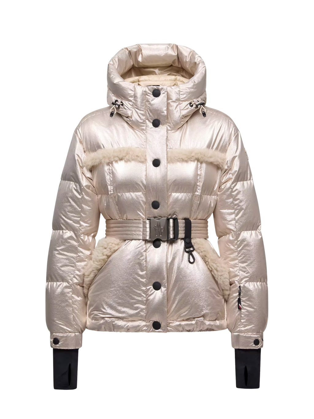 MONCLER GRENOBLE WOMEN Mondim Metallic Shearling-Trimmed Hooded Insulated Ski Jacket Pale Gold