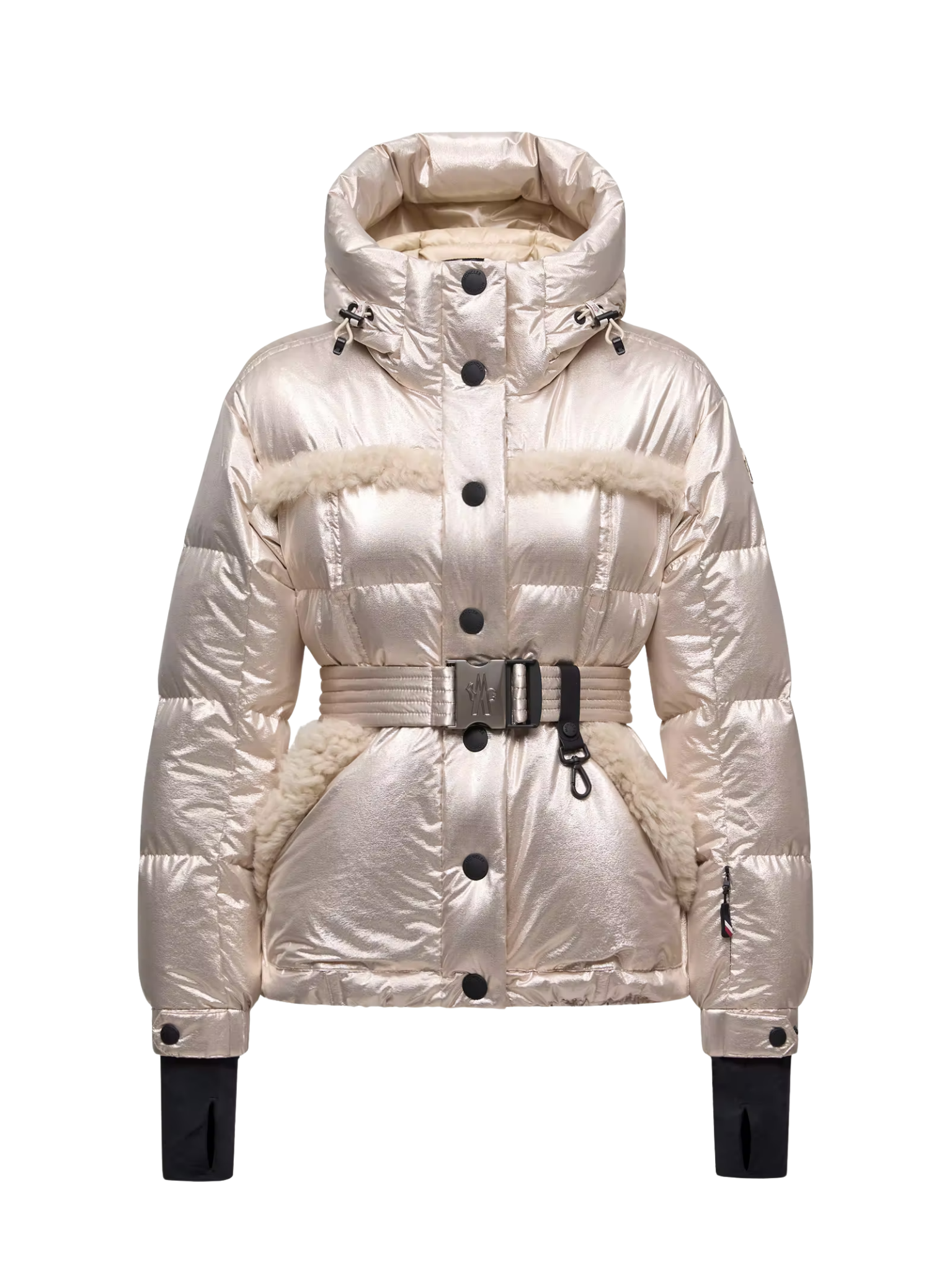 MONCLER GRENOBLE WOMEN Mondim Metallic Shearling-Trimmed Hooded Insulated Ski Jacket Pale Gold