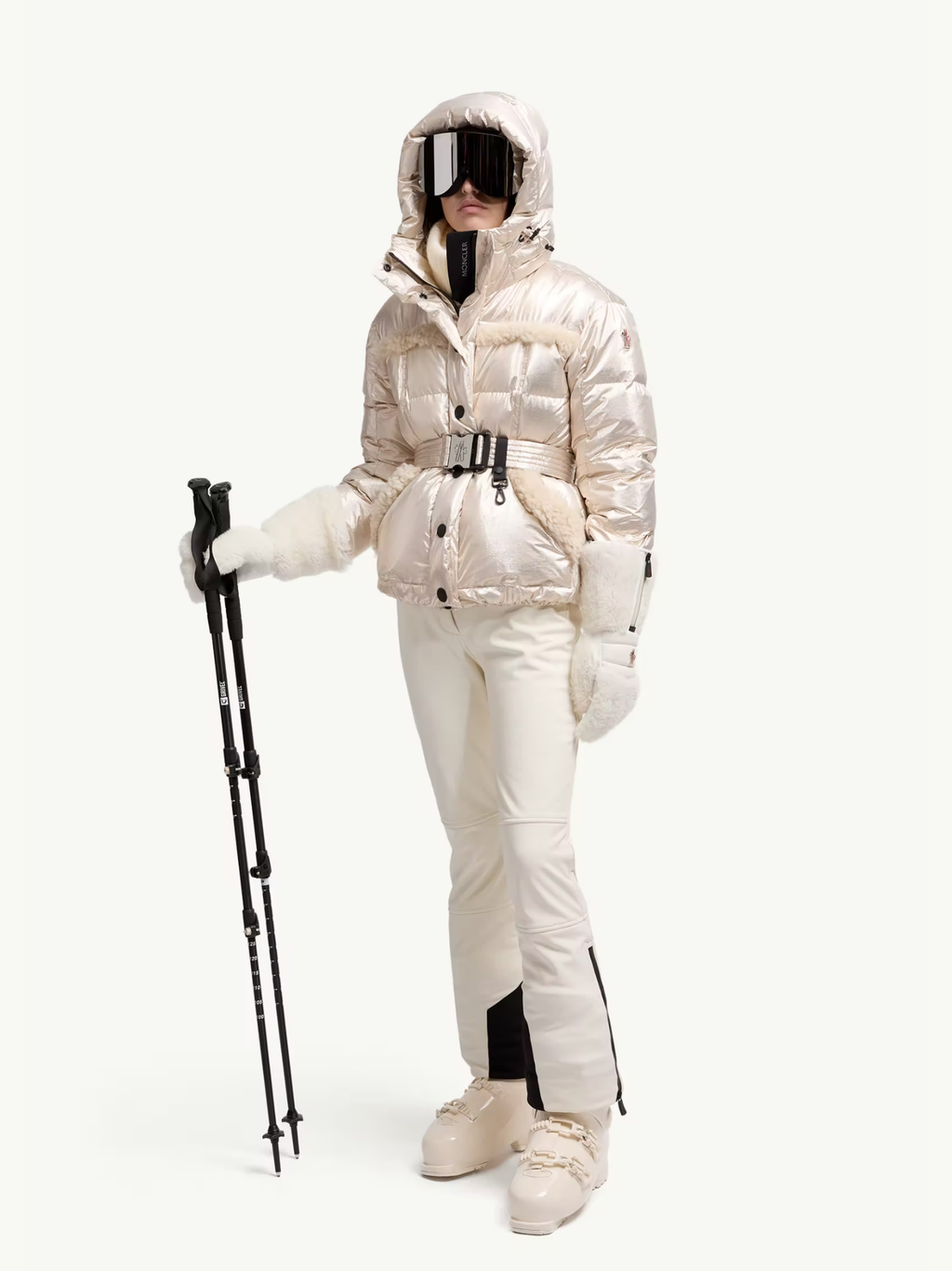 MONCLER GRENOBLE WOMEN Mondim Metallic Shearling-Trimmed Hooded Insulated Ski Jacket Pale Gold