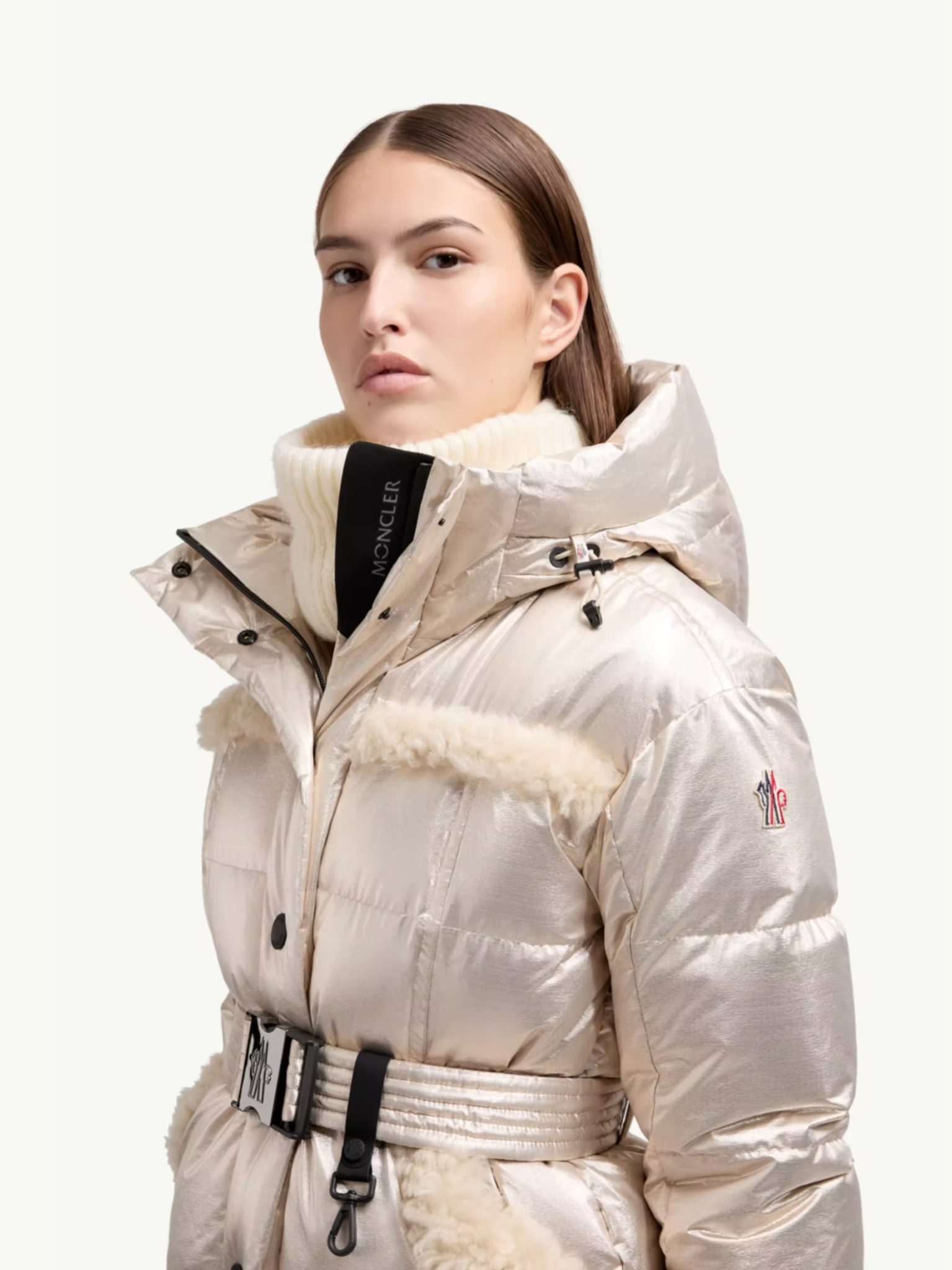 MONCLER GRENOBLE WOMEN Mondim Metallic Shearling-Trimmed Hooded Insulated Ski Jacket Pale Gold