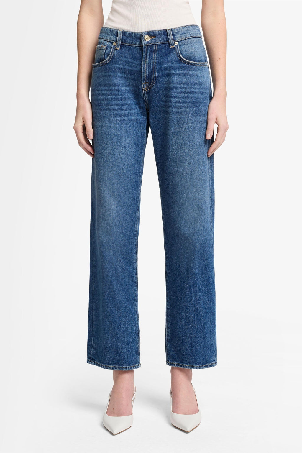 7 FOR ALL MANKIND WOMEN CALIE STRAIGHT  Mid Waist Jeans Explorer Blue