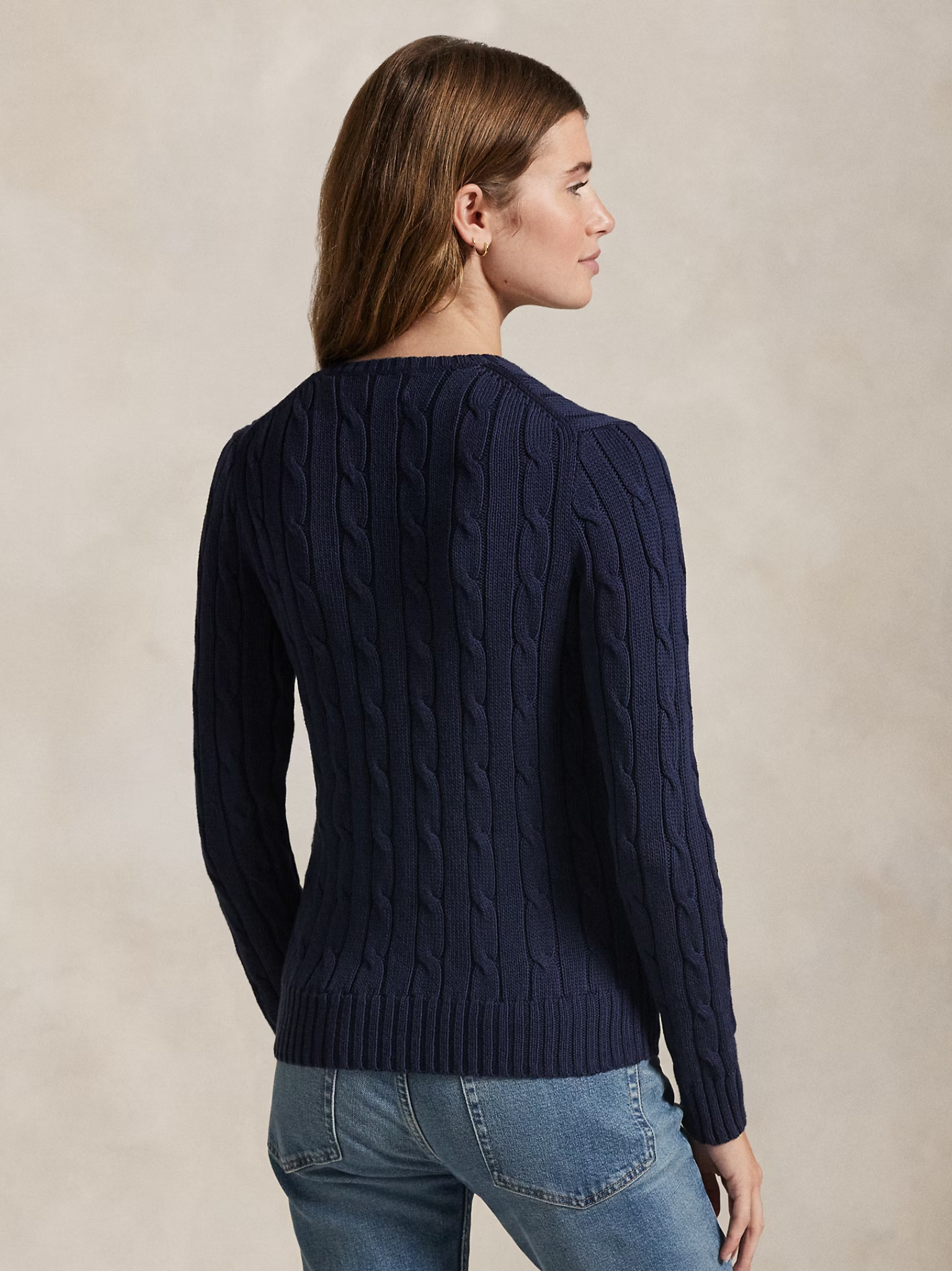 RALPH LAUREN WOMEN Cable-Knit Cotton V-Neck Jumper Hunter Navy