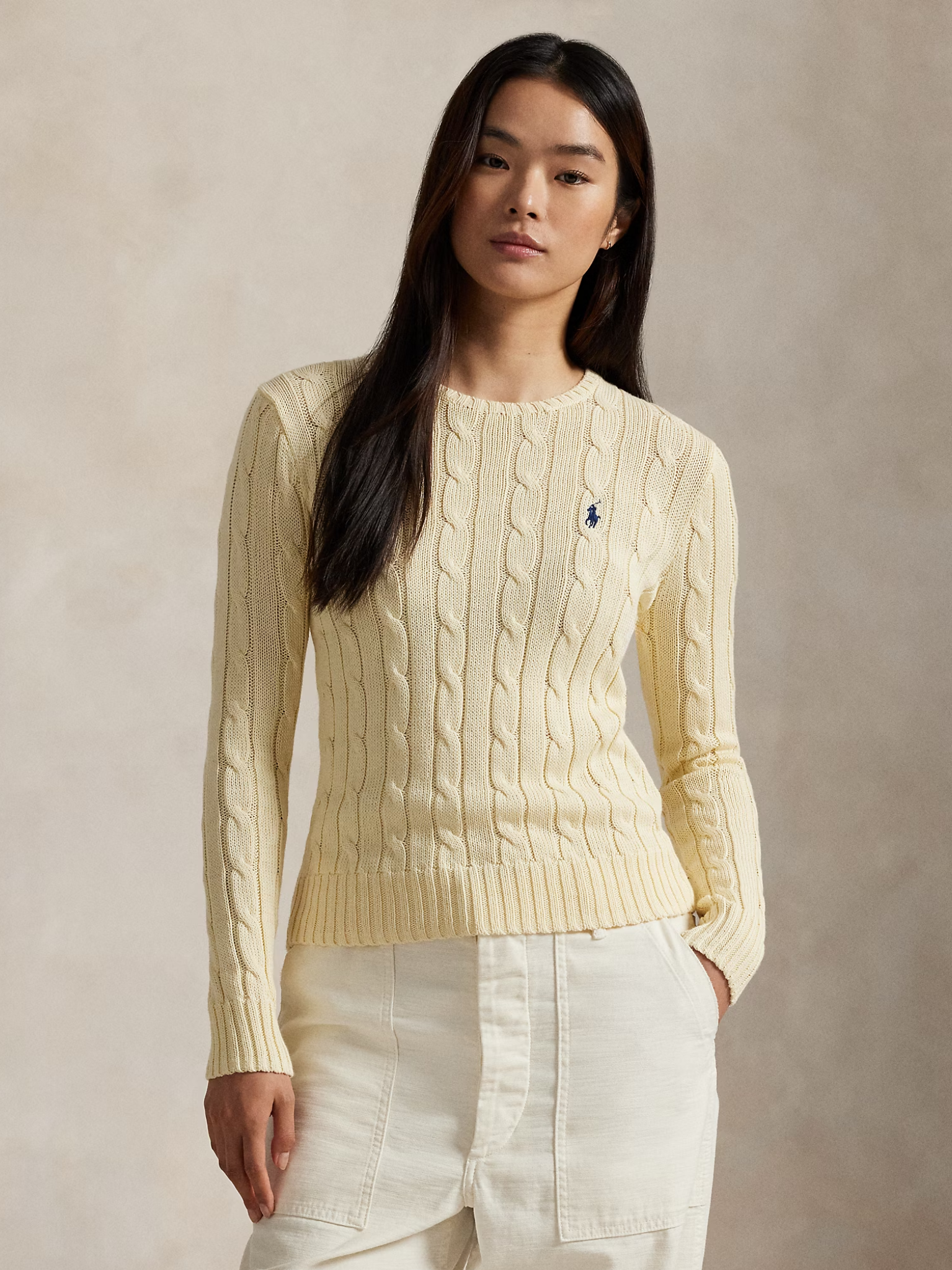 RALPH LAUREN WOMEN Cable-Knit Cotton Crewneck Jumper Cream