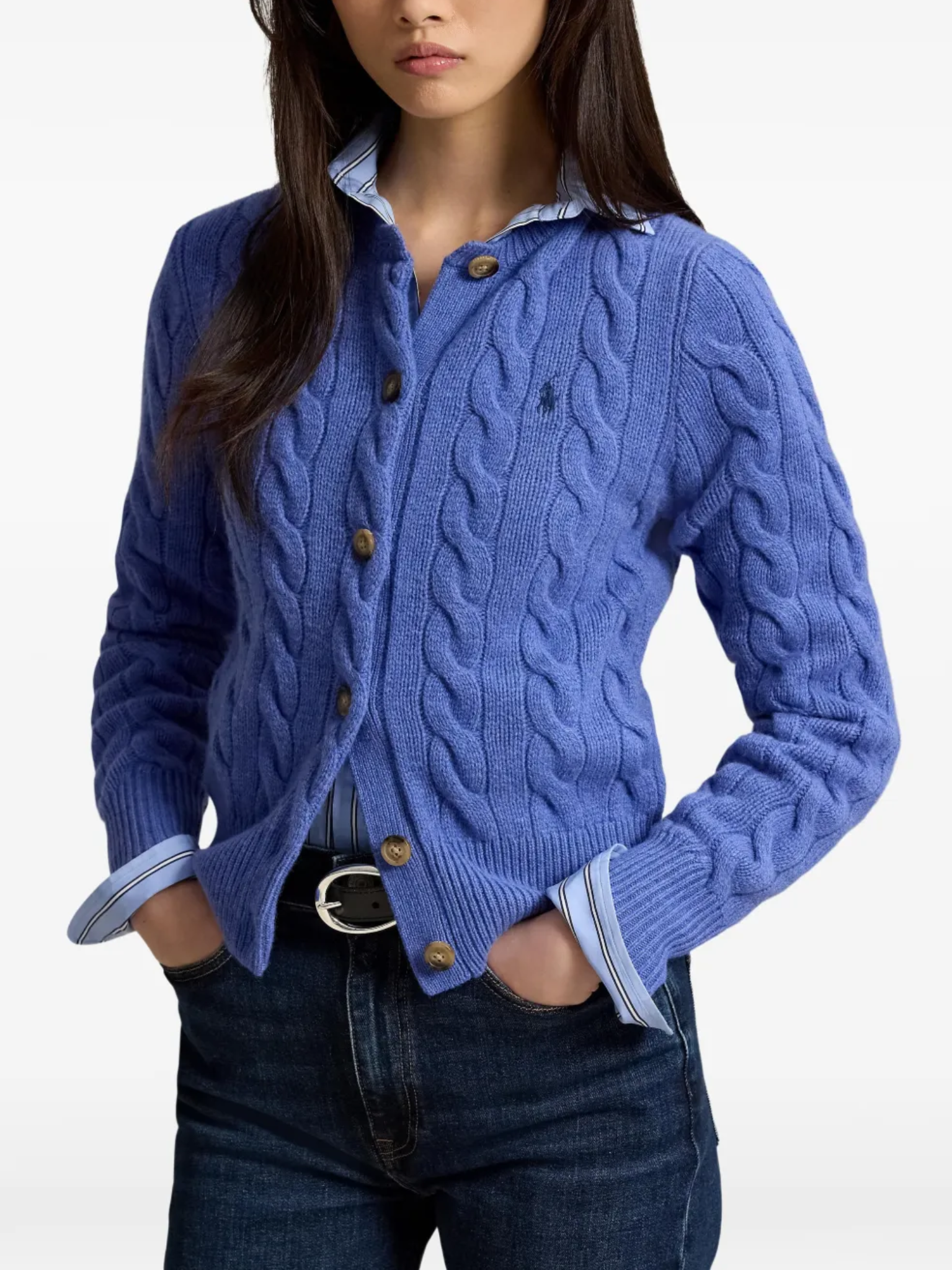 RALPH LAUREN WOMEN Cable-knit Wool Cashmere Cardigan Dockside Blue Heather