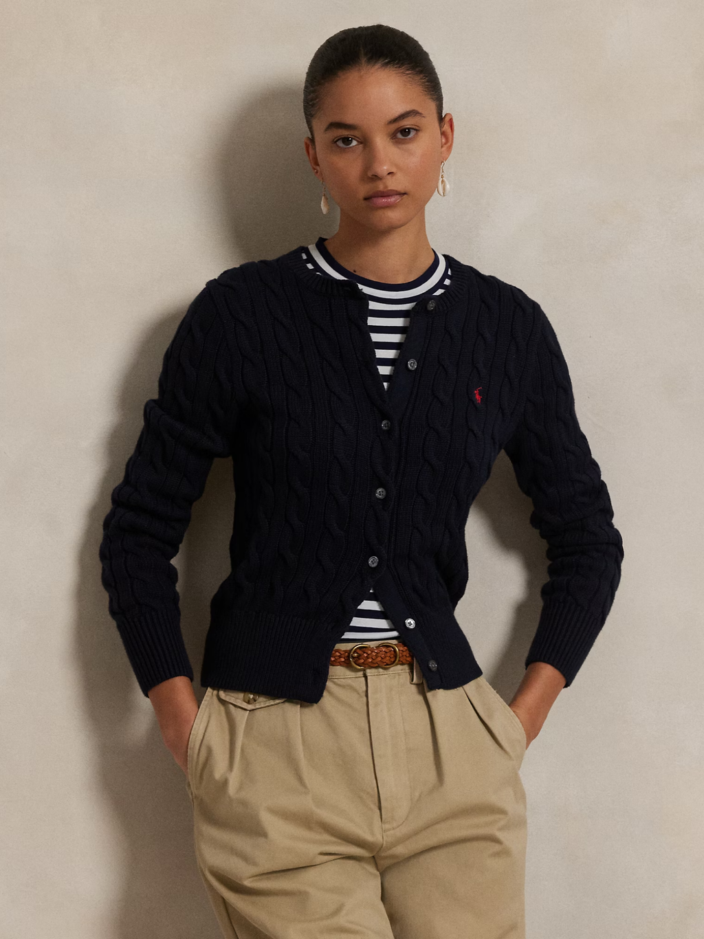 RALPH LAUREN WOMEN Cable-Knit Cotton Crewneck Cardigan Hunter Navy