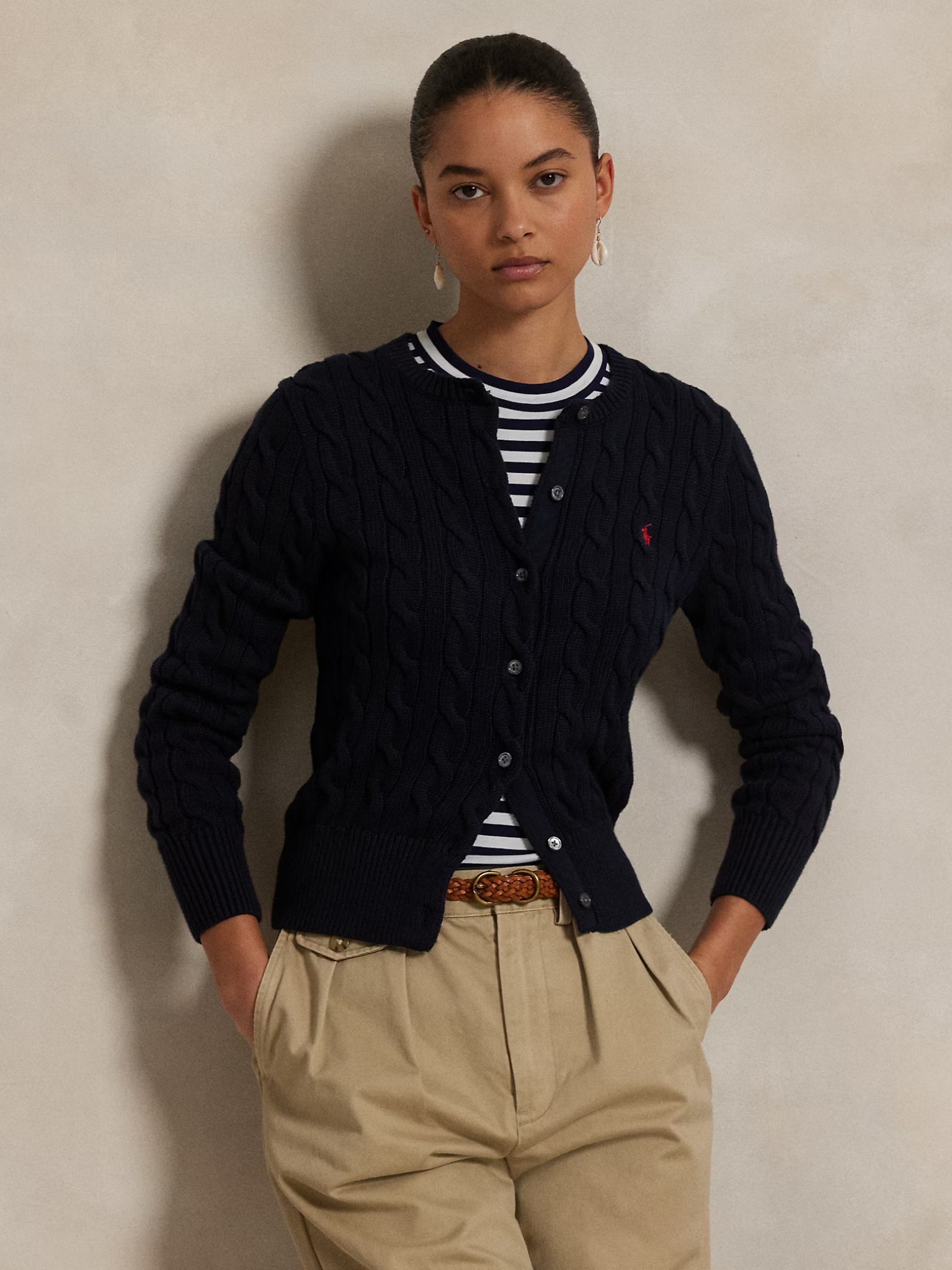 RALPH LAUREN WOMEN Cable-Knit Cotton Crewneck Cardigan Hunter Navy