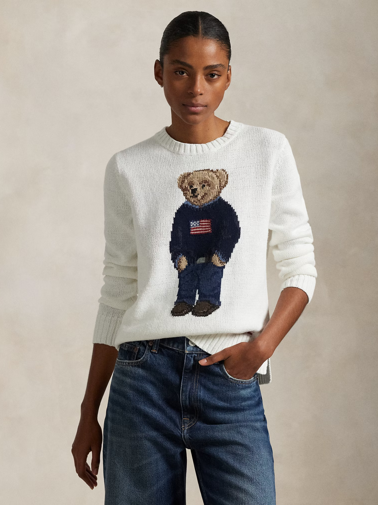 RALPH LAUREN WOMEN Polo Bear Linen-Cotton Crewneck Jumper White