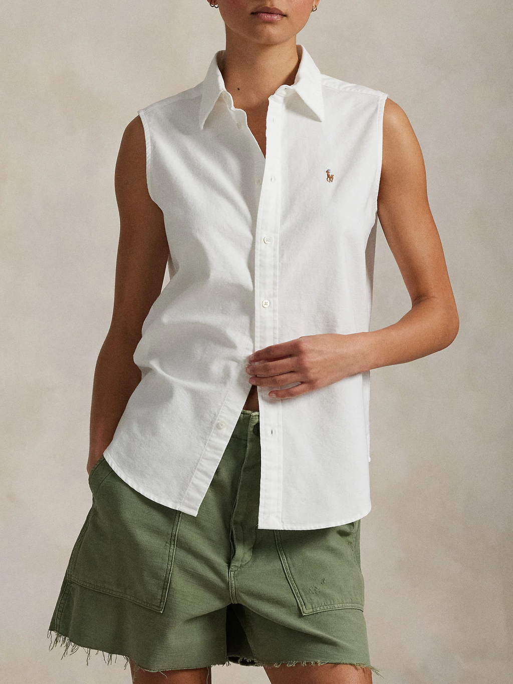 RALPH LAUREN WOMEN Cotton Oxford Sleeveless Shirt White