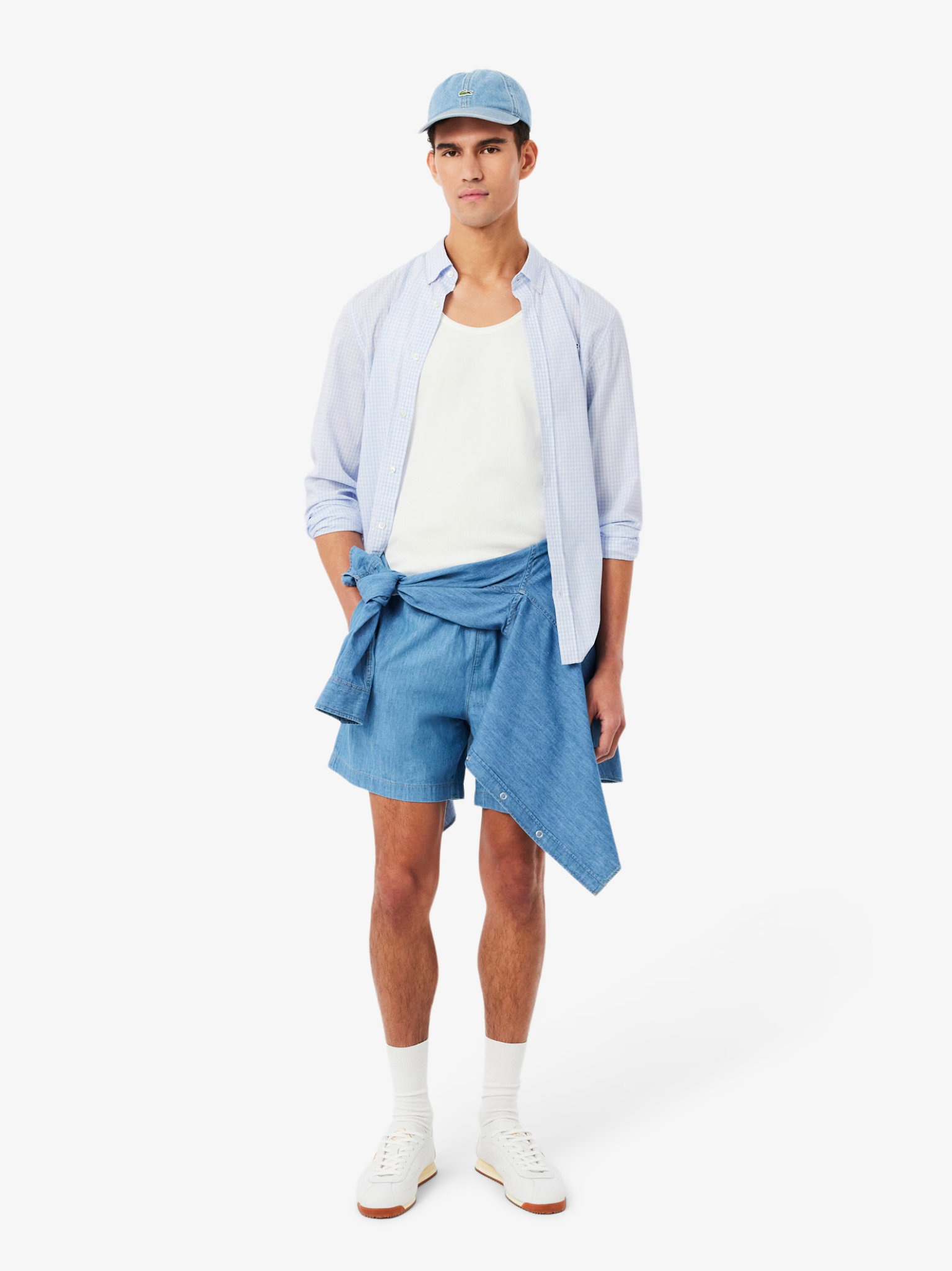 LACOSTE Regular Fit Lightweight Poplin Plaid Shirt White/Light Blue