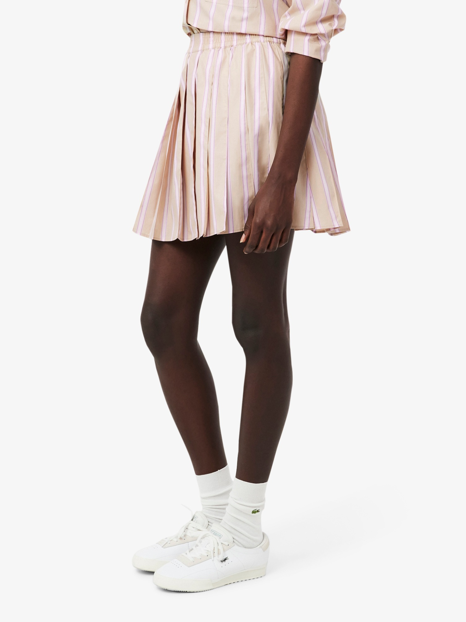 LACOSTE WOMEN Poplin Short Striped Pleated Skirt Beige/Pink