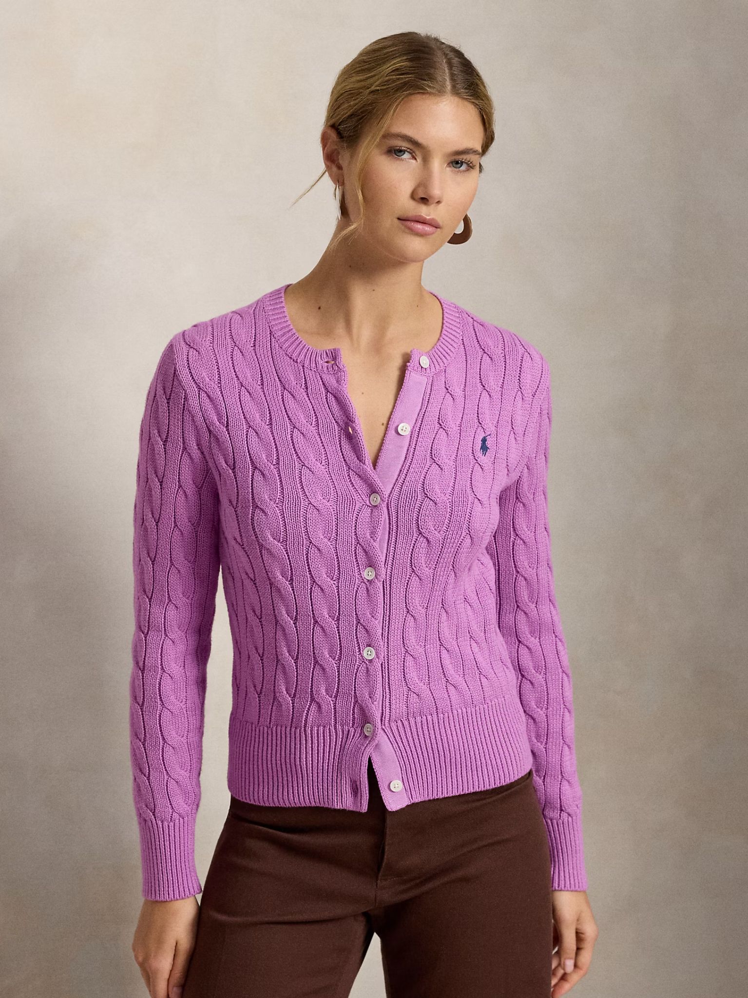 RALPH LAUREN WOMEN Cable-knit Cotton Crewneck Cardigan Thistle Pink
