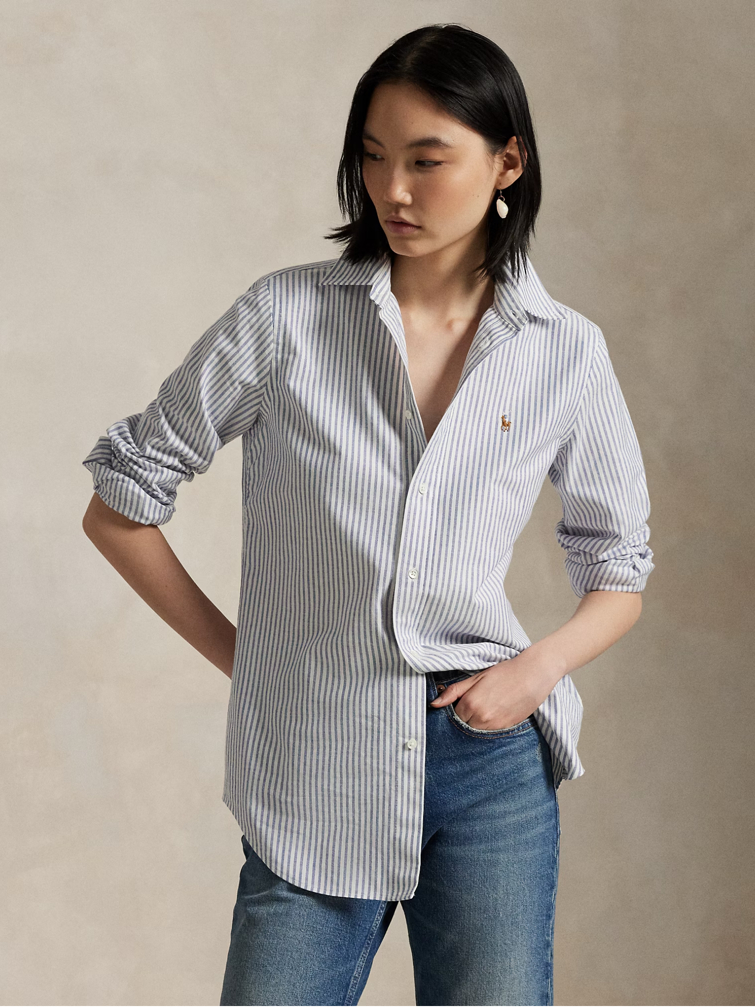 RALPH LAUREN WOMEN Stretch Slim Fit Striped Oxford Shirt White/Blue