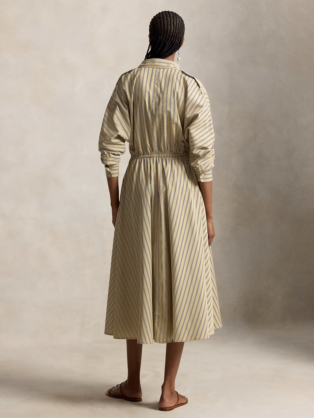 RALPH LAUREN WOMEN Striped Cotton Canvas Utility Shirt Dress Tan Royal Multi