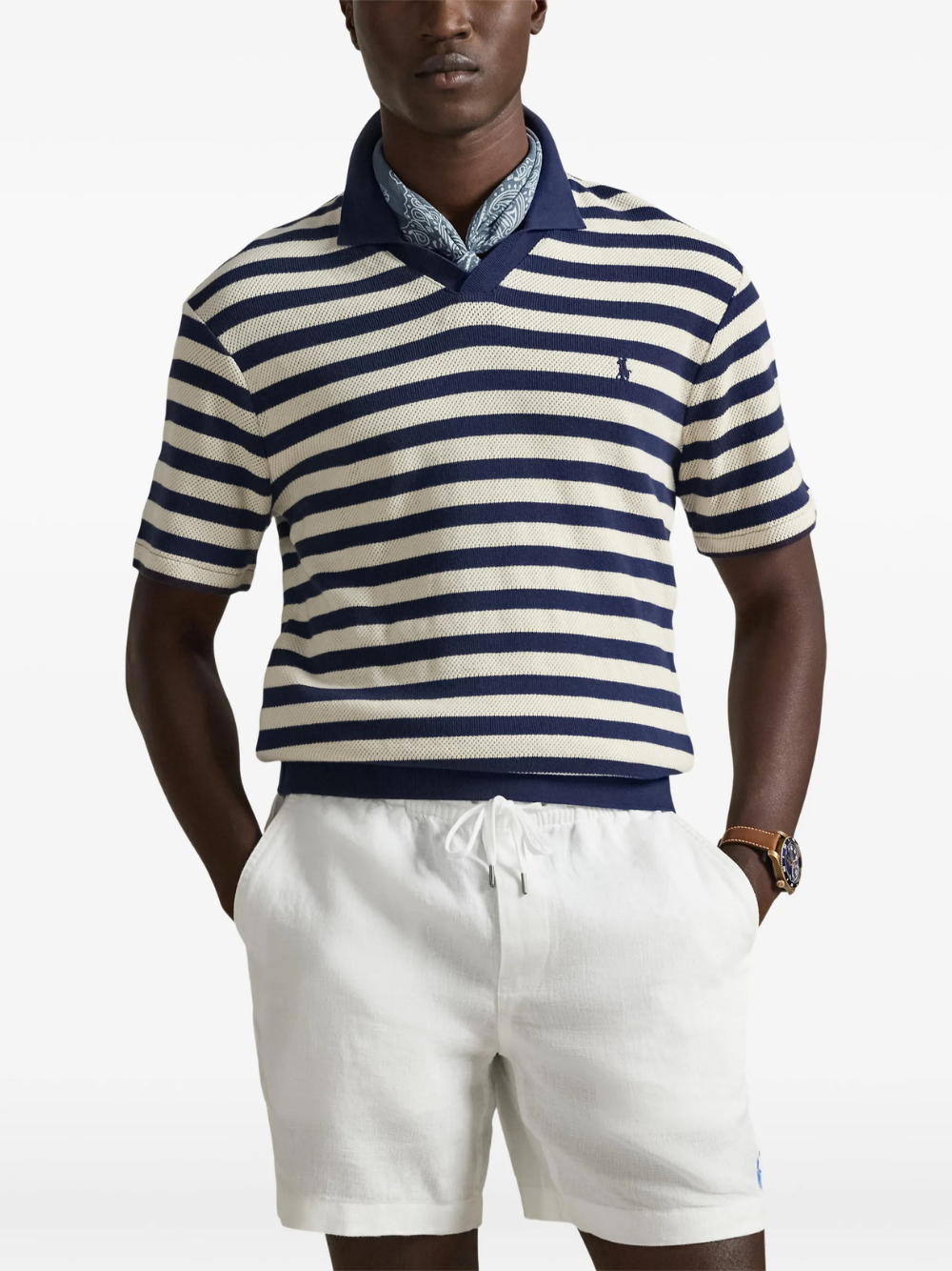 RALPH LAUREN Striped Pointelle-Ribbed Polo Shirt Newport Navy/Cream