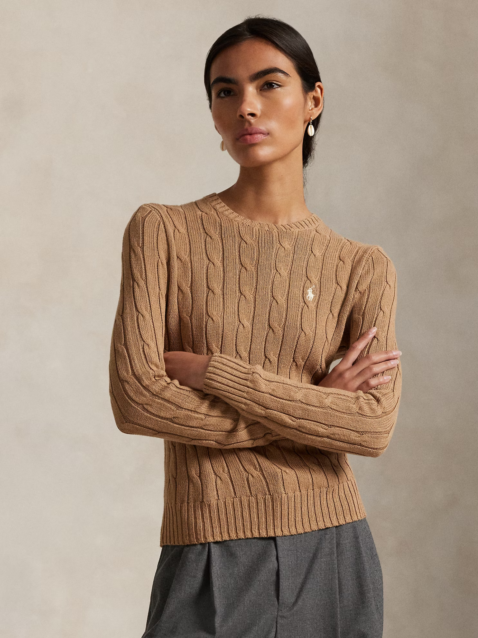 RALPH LAUREN WOMEN Cable-Knit Cotton Crewneck Jumper Collection Camel Melange