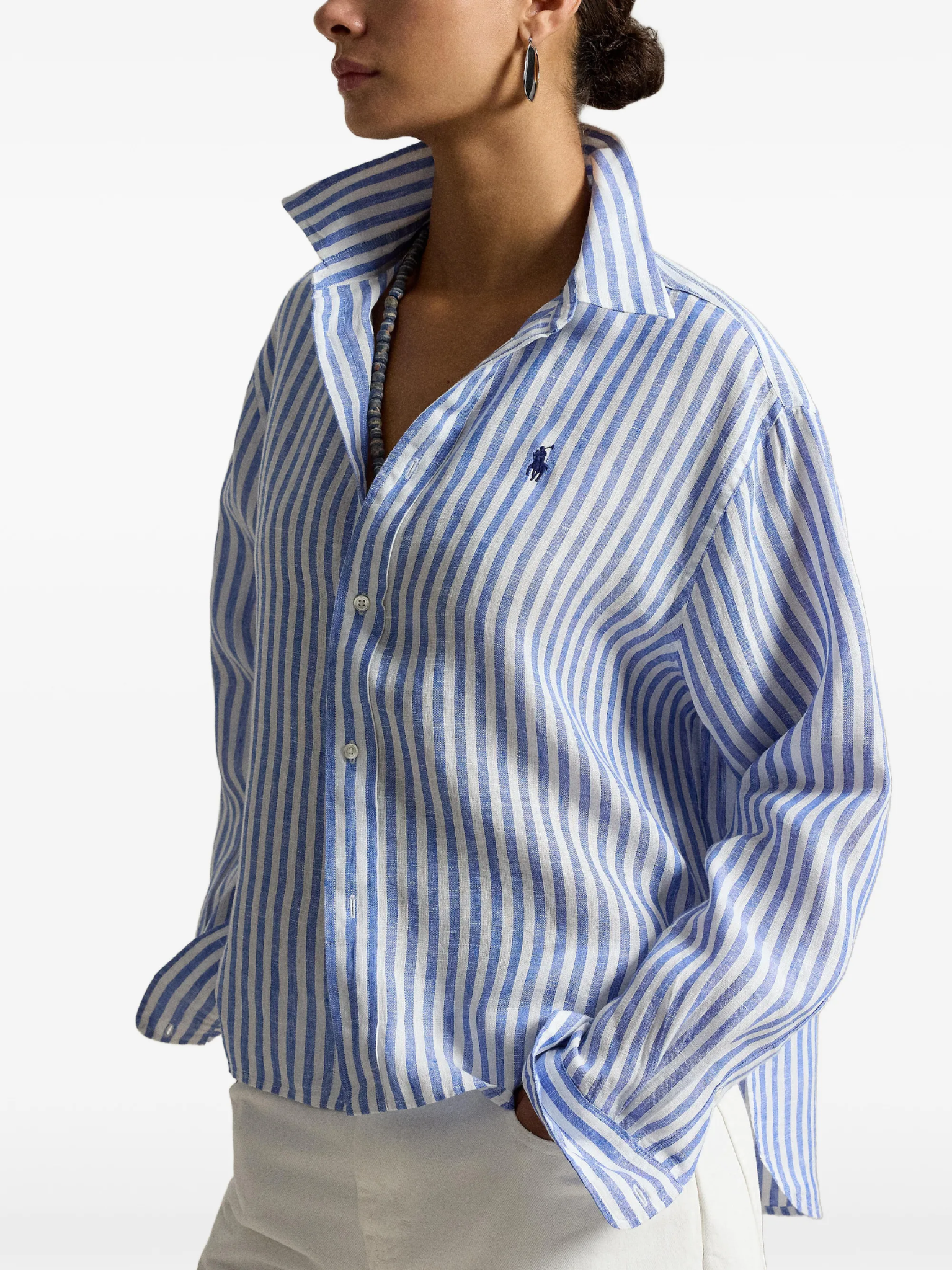 RALPH LAUREN WOMEN Wide Cropped Gingham Linen Shirt Blue/White
