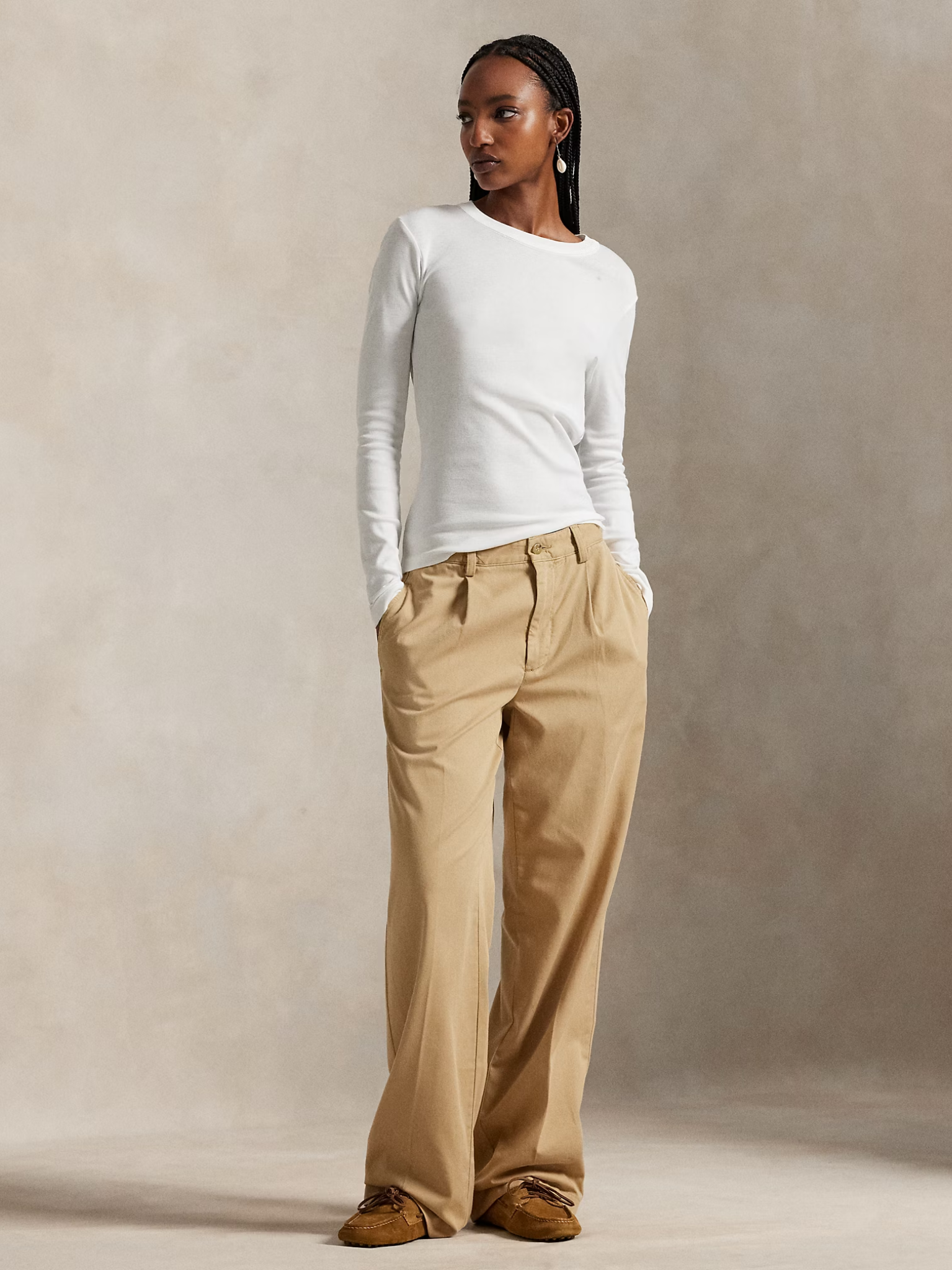 RALPH LAUREN WOMEN Pleated Cotton-Blend Relaxed Trousers Khaki