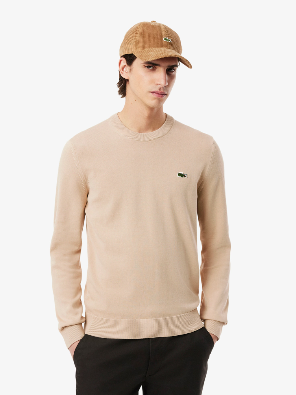 LACOSTE Monochrome Crew Neck Cotton Sweater Beige