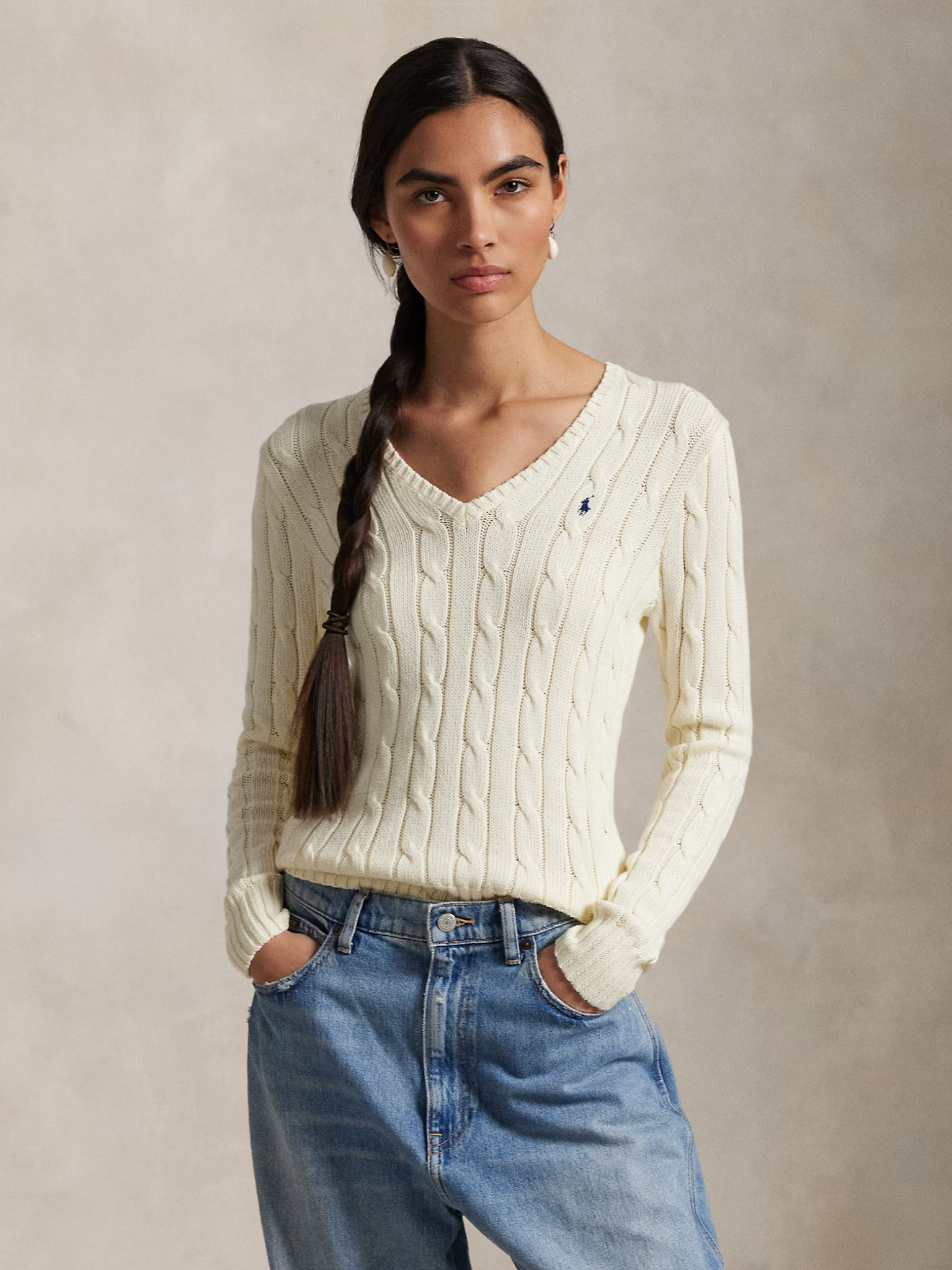 RALPH LAUREN WOMEN Cable-Knit Cotton V-Neck Jumper Cream