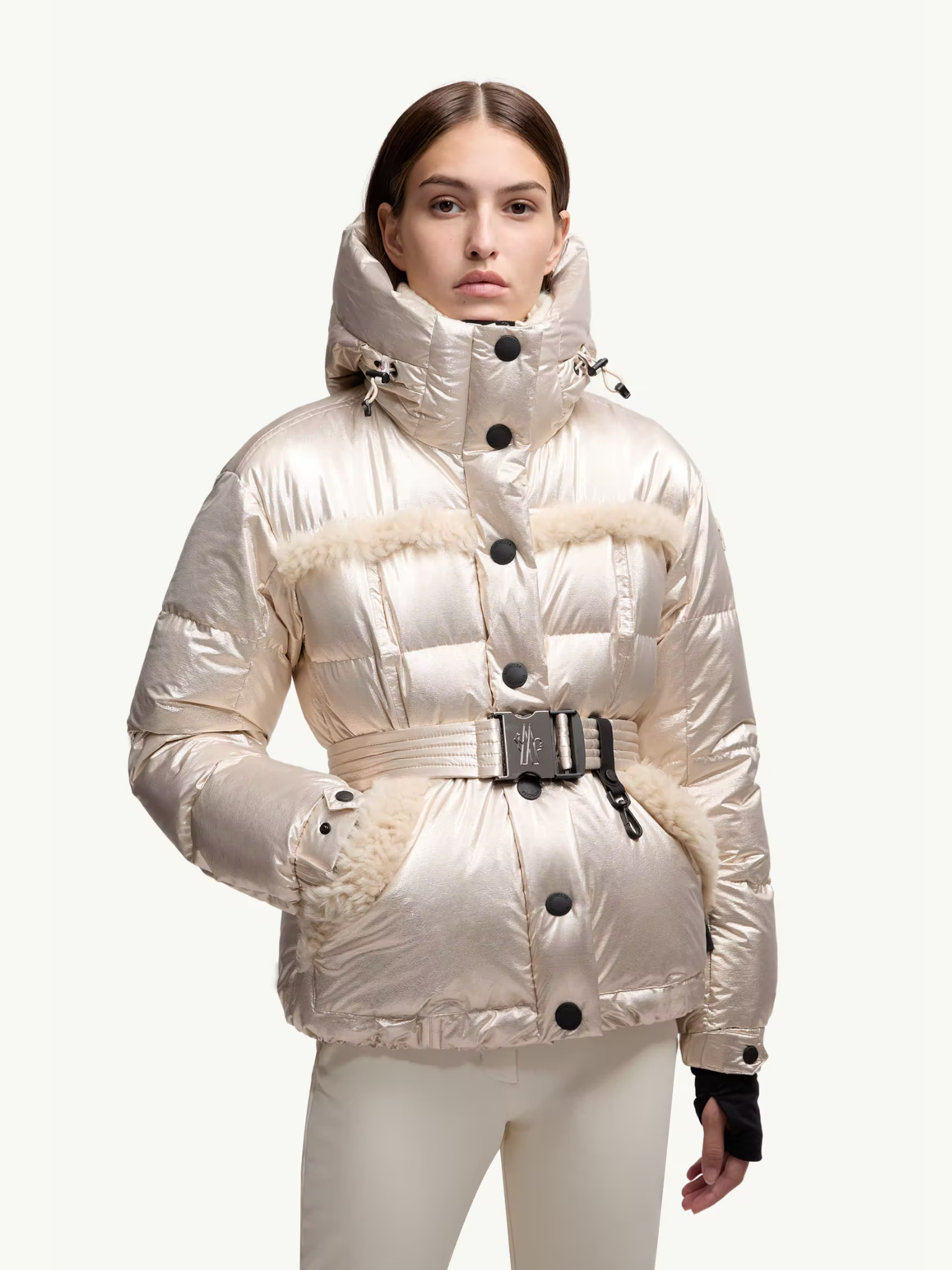 MONCLER GRENOBLE WOMEN Mondim Metallic Shearling-Trimmed Hooded Insulated Ski Jacket Pale Gold