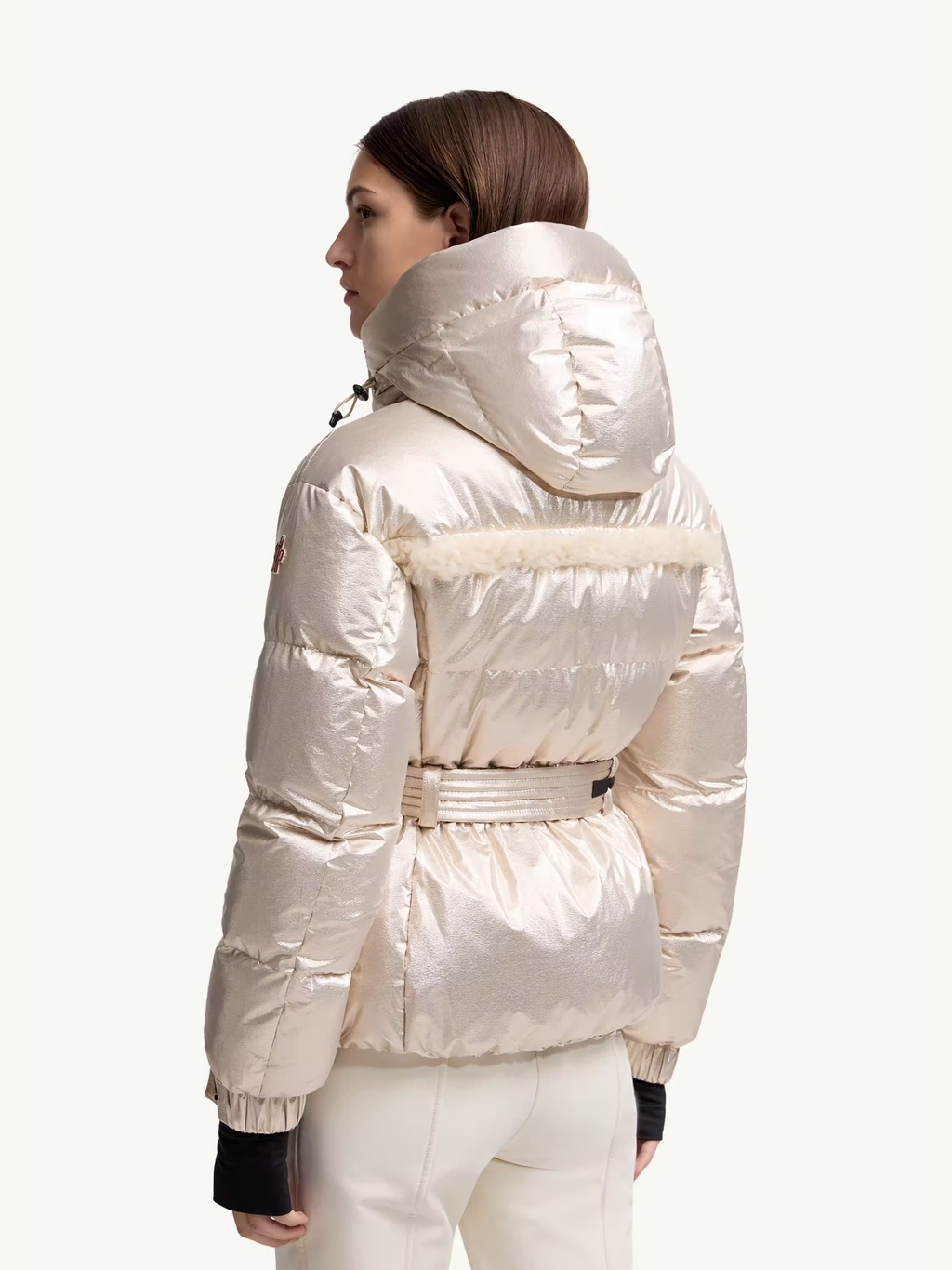 MONCLER GRENOBLE WOMEN Mondim Metallic Shearling-Trimmed Hooded Insulated Ski Jacket Pale Gold