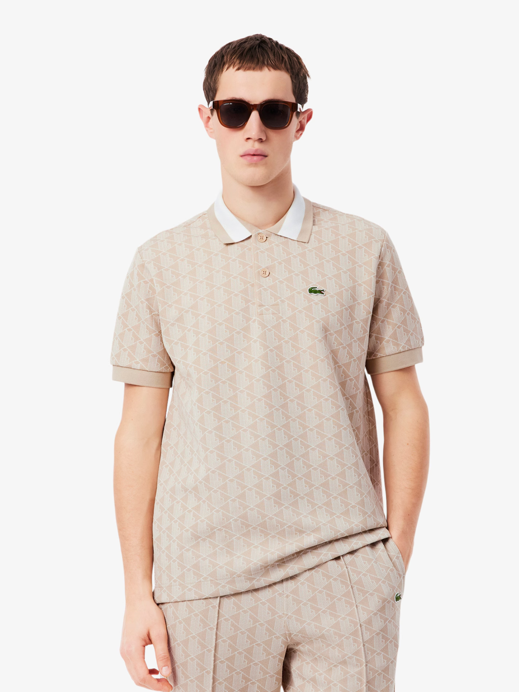 LACOSTE Classic Fit Monogram Jacquard Polo Shirt Beige