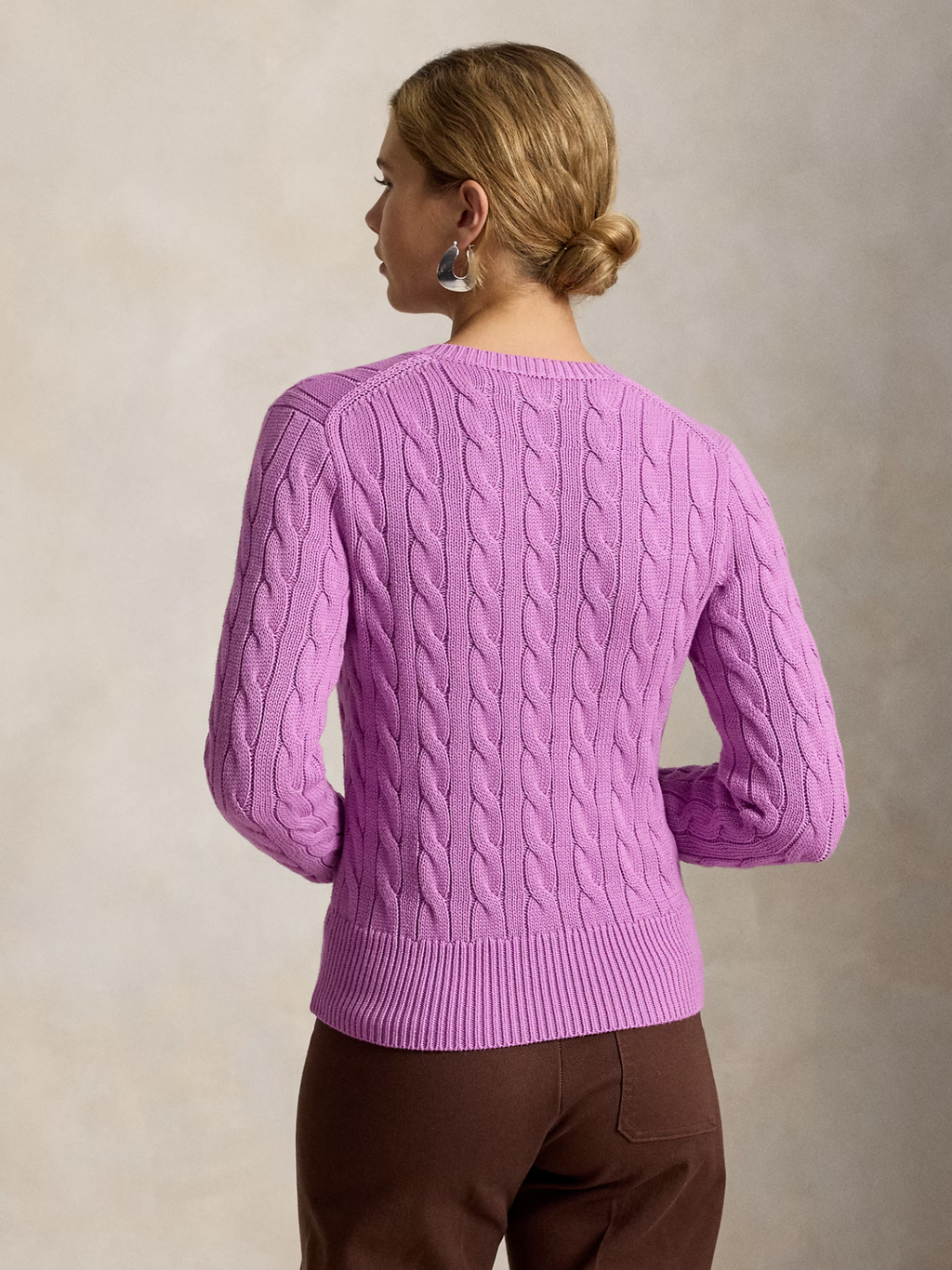 RALPH LAUREN WOMEN Cable-knit Cotton Crewneck Cardigan Thistle Pink