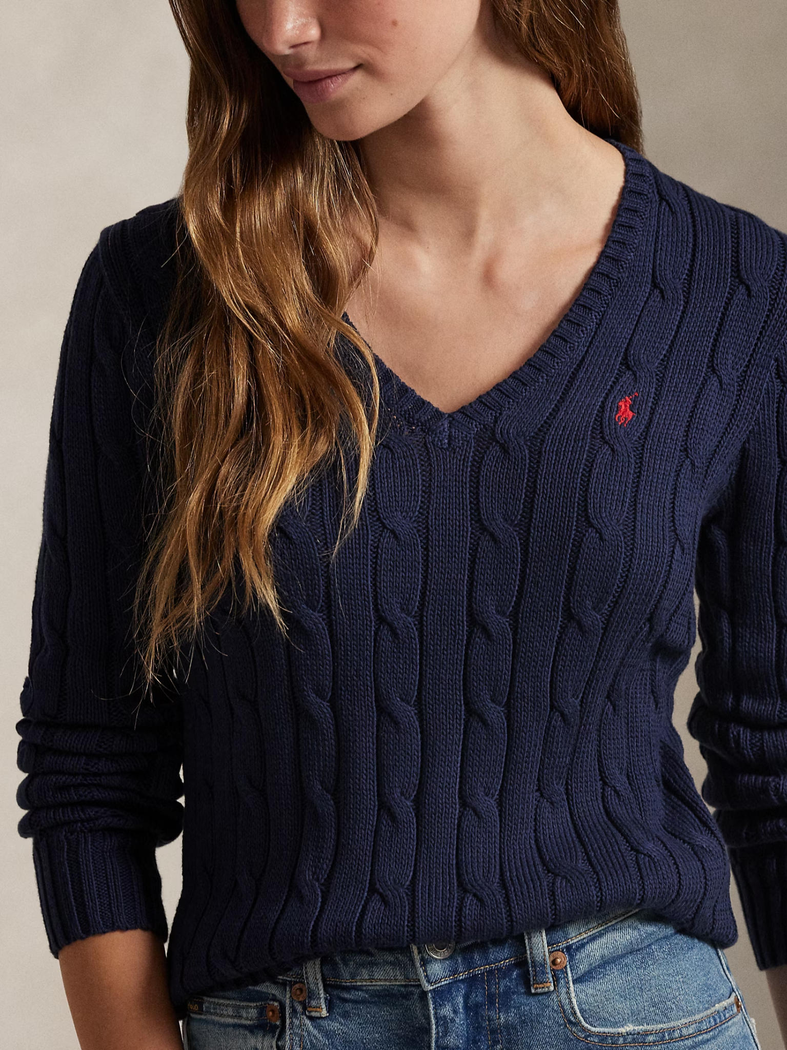 RALPH LAUREN WOMEN Cable-Knit Cotton V-Neck Jumper Hunter Navy