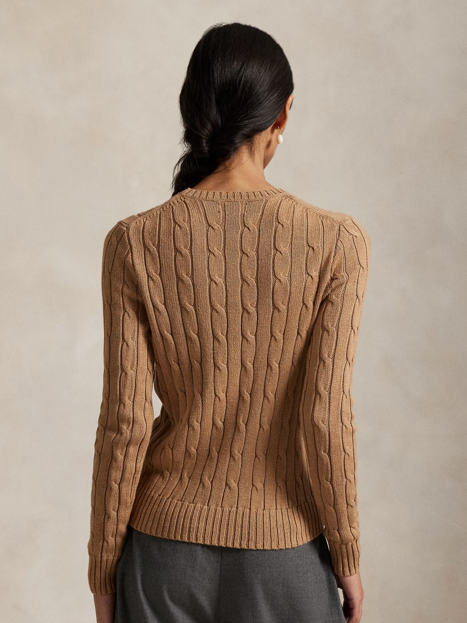 RALPH LAUREN WOMEN Cable-Knit Cotton Crewneck Jumper Collection Camel Melange