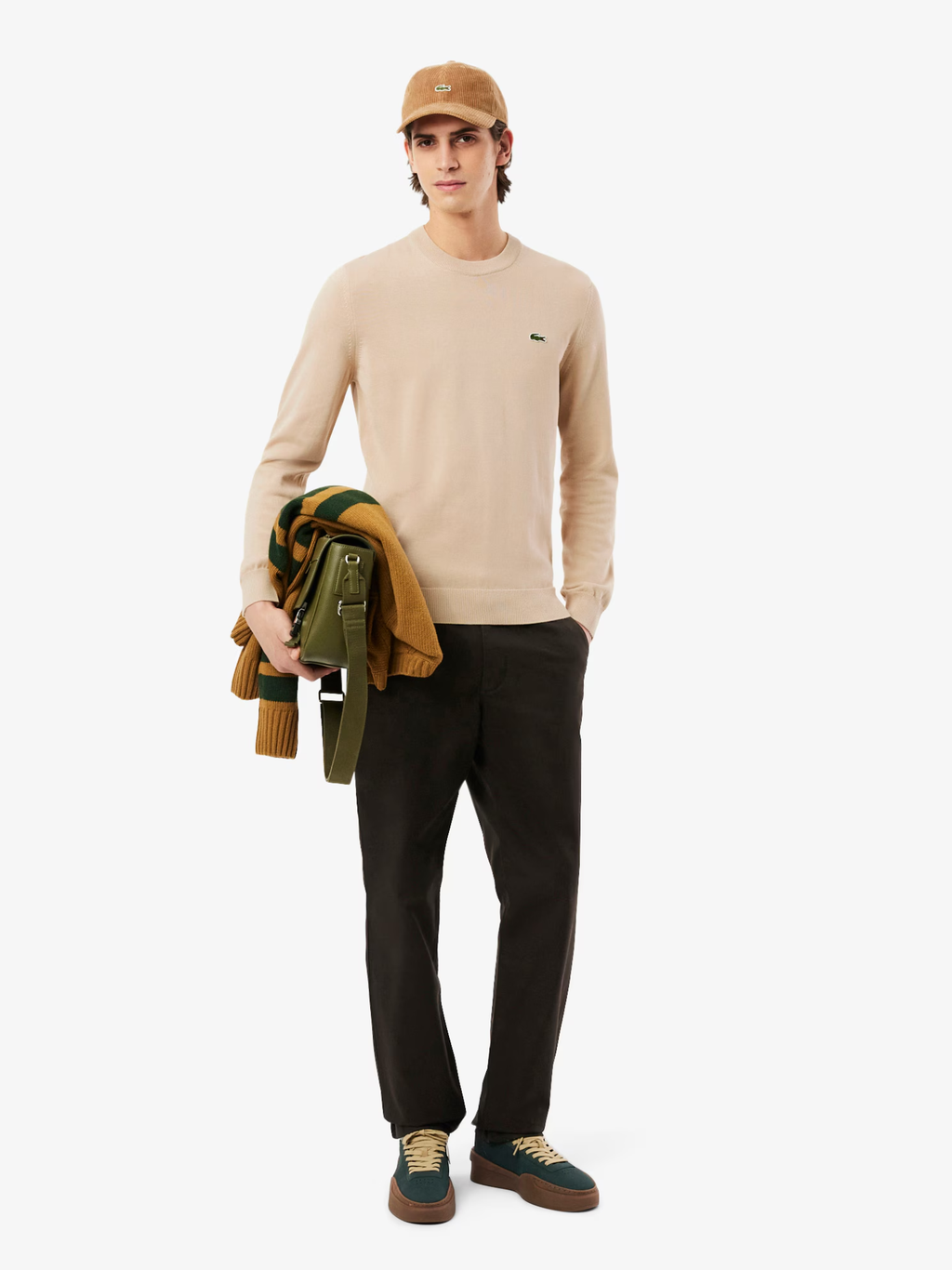 LACOSTE Monochrome Crew Neck Cotton Sweater Beige