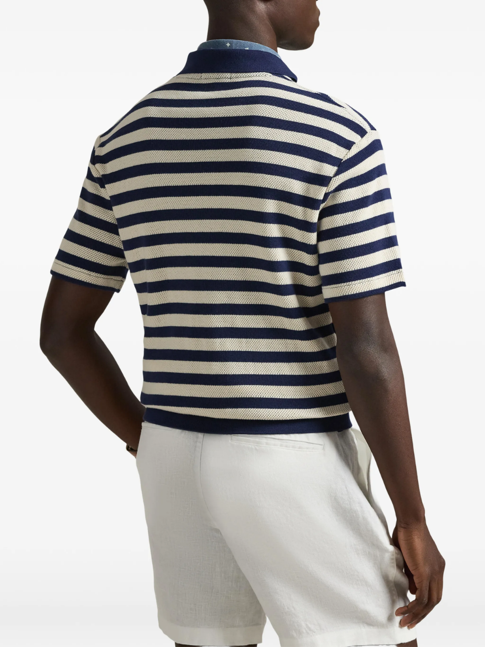 RALPH LAUREN Striped Pointelle-Ribbed Polo Shirt Newport Navy/Cream