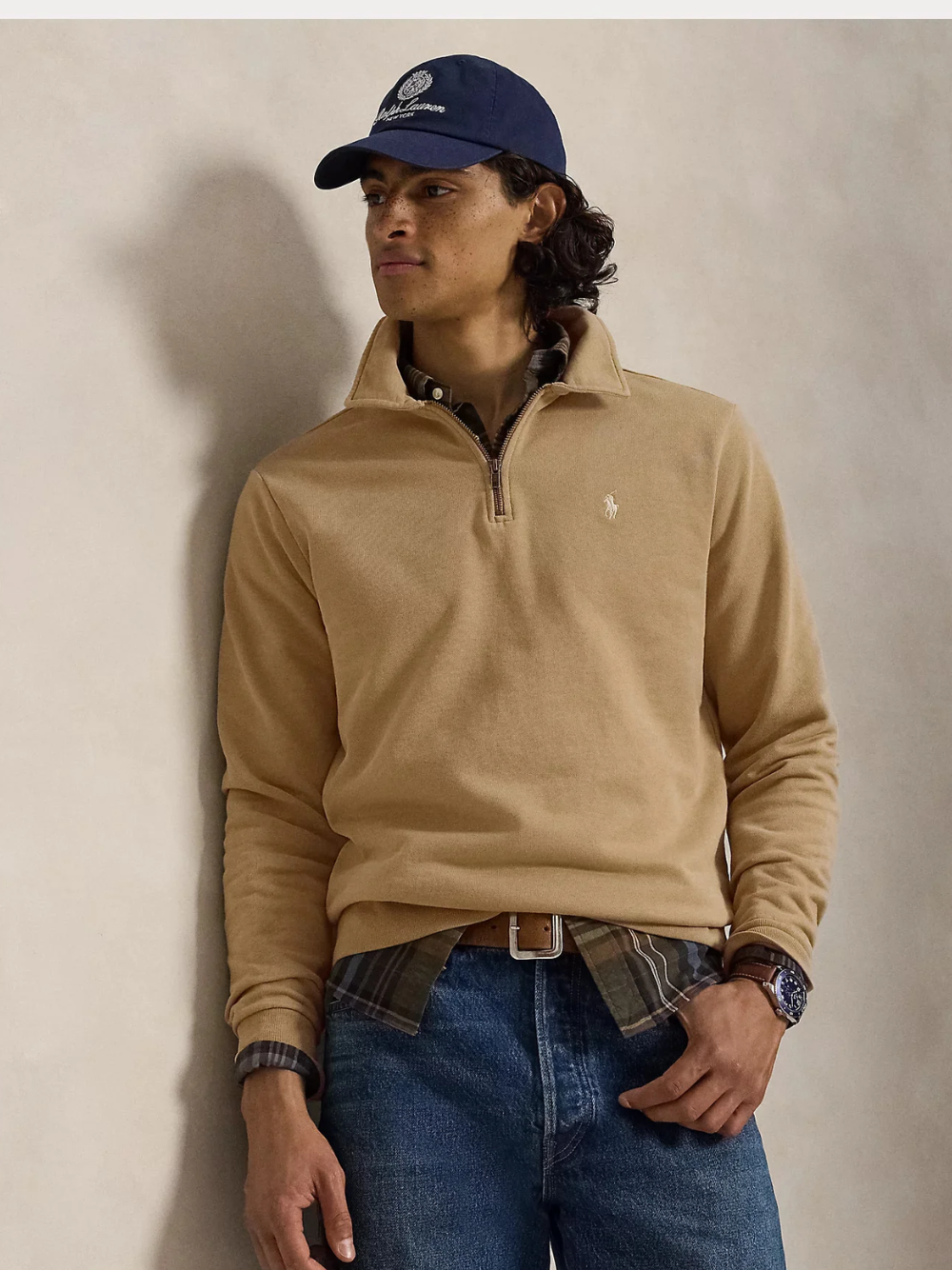 RALPH LAUREN Loopback Fleece Quarter-Zip Sweatshirt Vintage Khaki