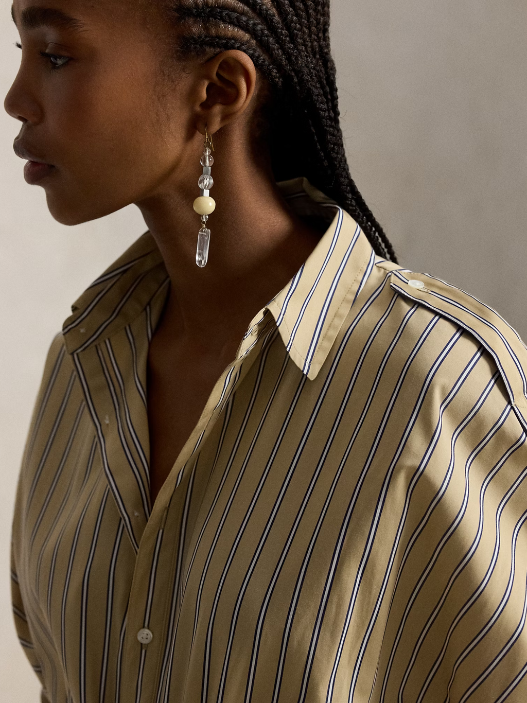 RALPH LAUREN WOMEN Striped Cotton Canvas Utility Shirt Dress Tan Royal Multi