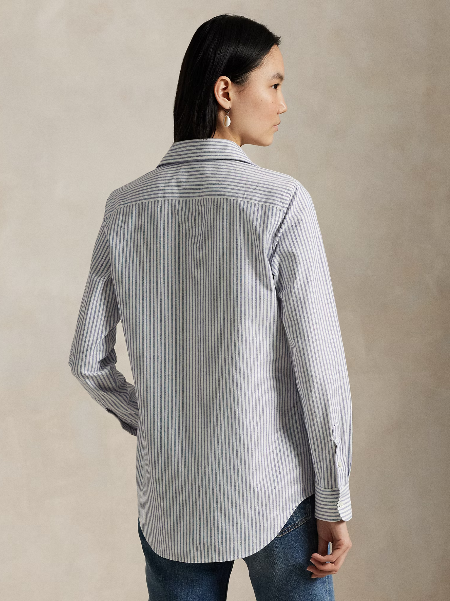 RALPH LAUREN WOMEN Stretch Slim Fit Striped Oxford Shirt White/Blue