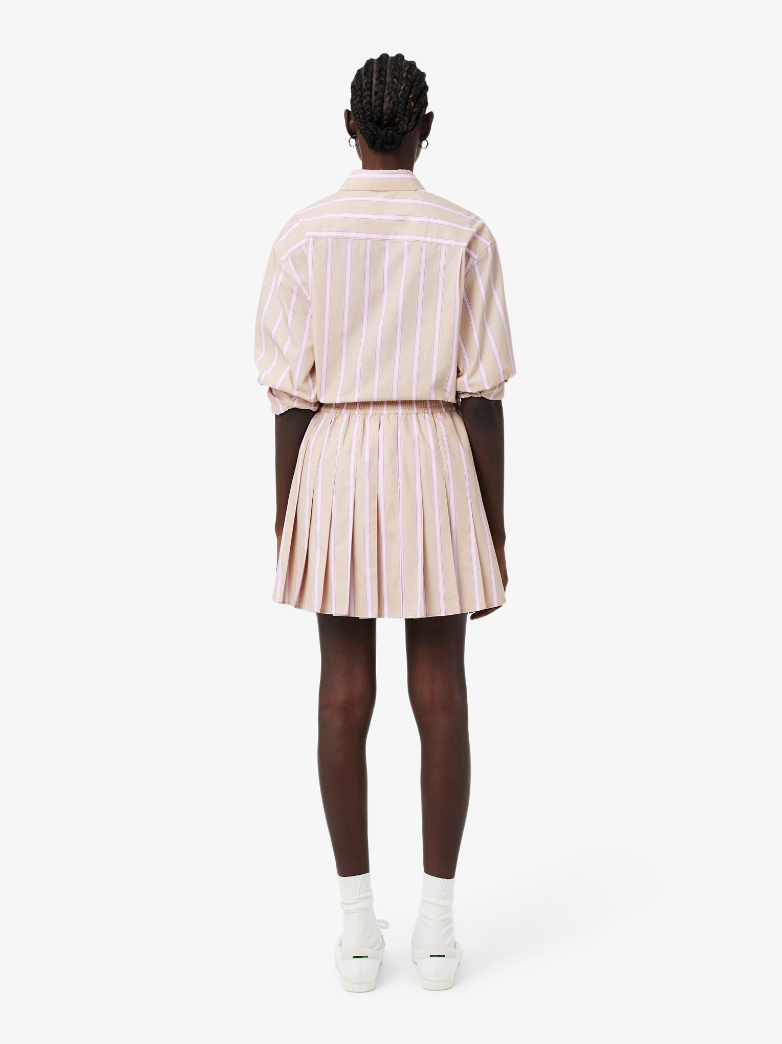 LACOSTE WOMEN Poplin Short Striped Pleated Skirt Beige/Pink