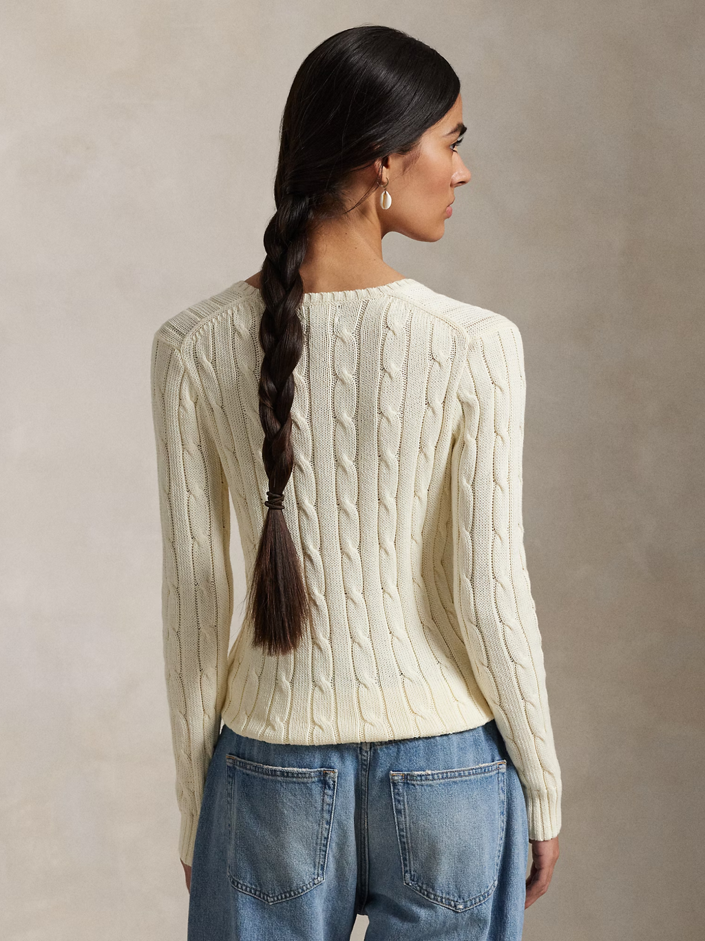 RALPH LAUREN WOMEN Cable-Knit Cotton V-Neck Jumper Cream
