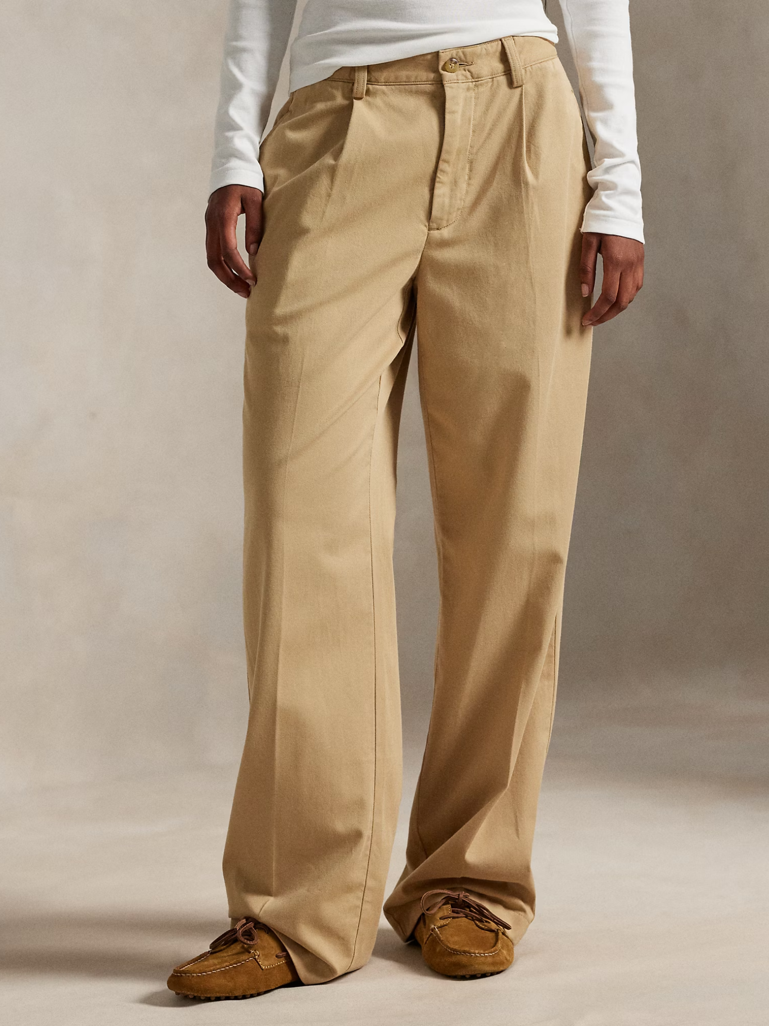 RALPH LAUREN WOMEN Pleated Cotton-Blend Relaxed Trousers Khaki