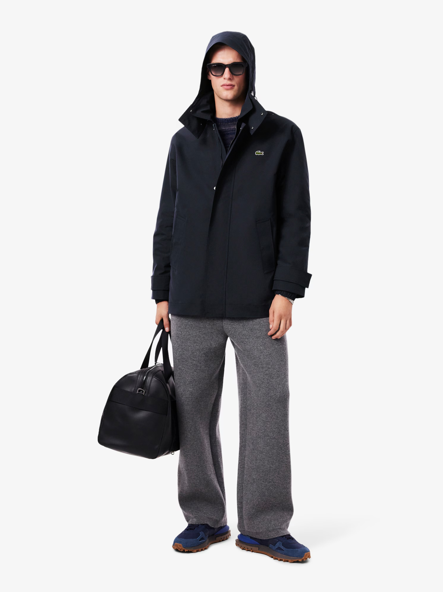 LACOSTE Mid-length Water-Repellent Hooded Parka Navy Blue