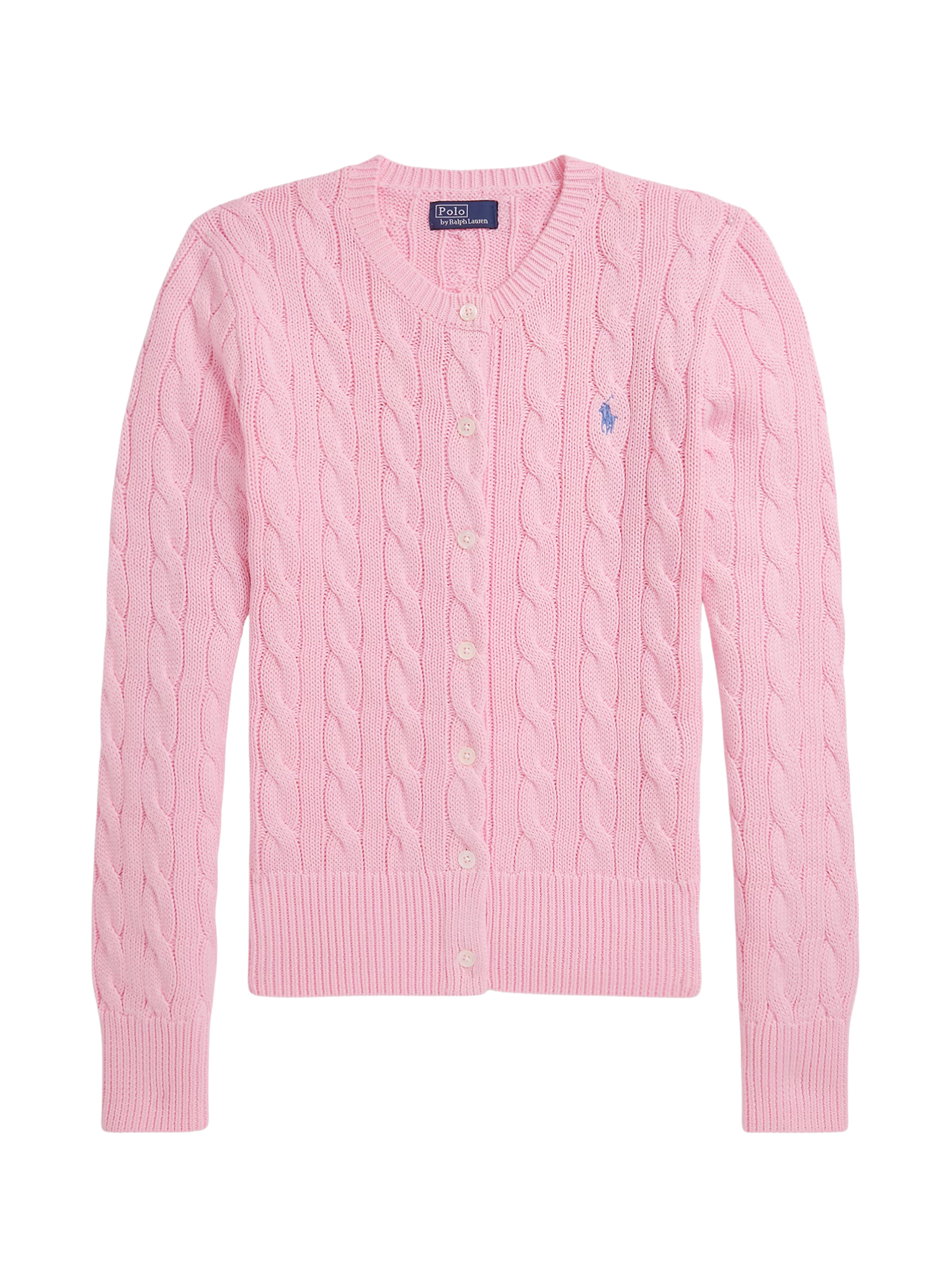 RALPH LAUREN WOMEN Cable-Knit Cotton Crewneck Cardigan Carmel Pink