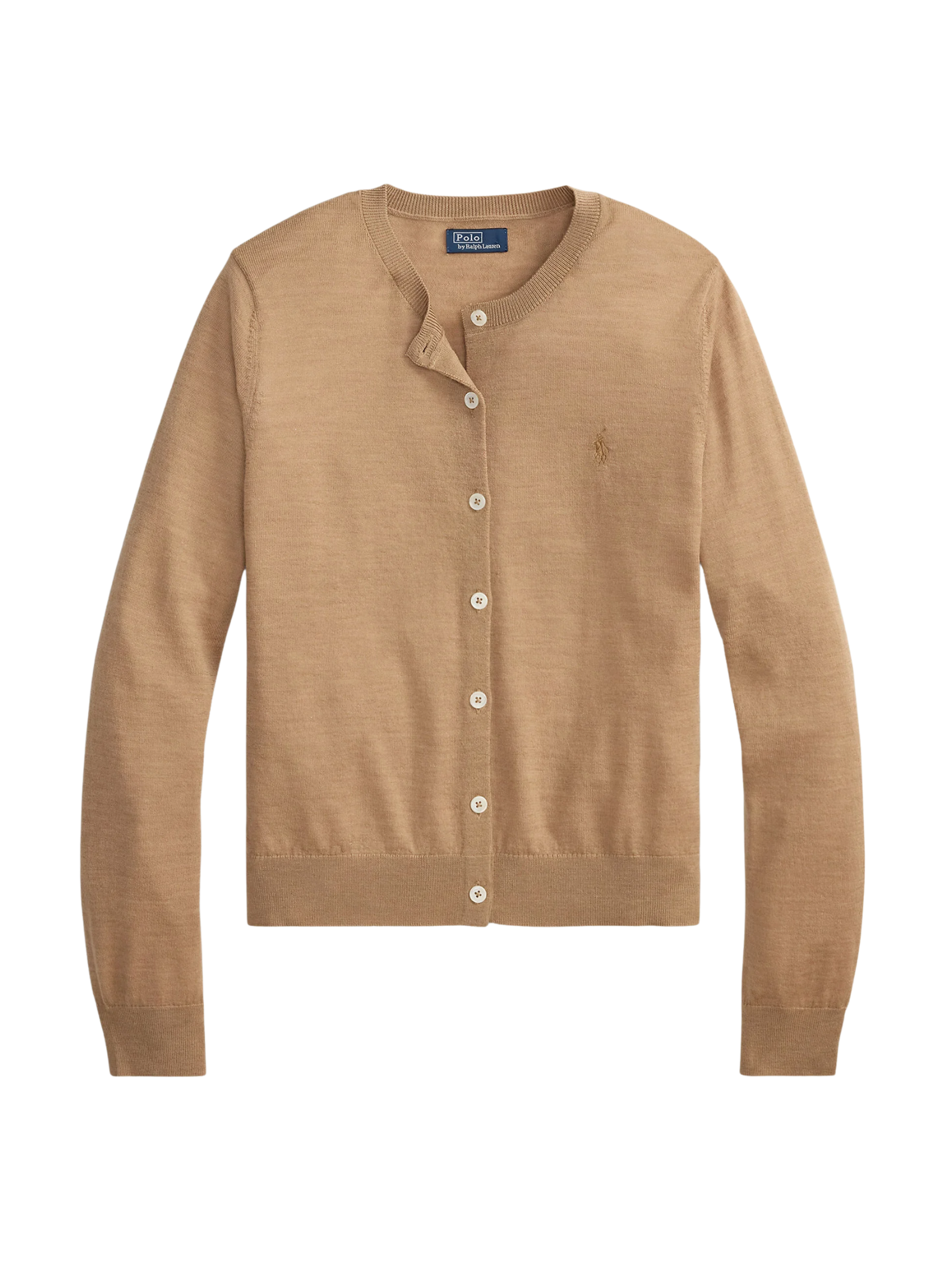 RALPH LAUREN WOMEN Wool Crewneck Cardigan Collection Camel Melange
