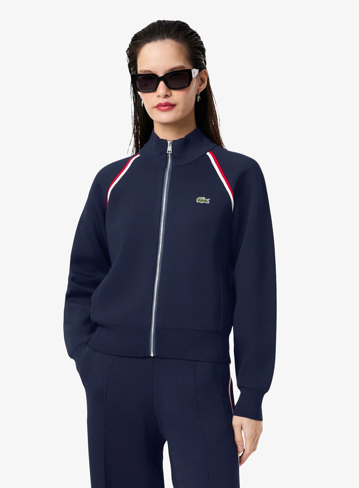 LACOSTE WOMEN High-Neck Zip Front Double Face Classic fit Sweater Navy