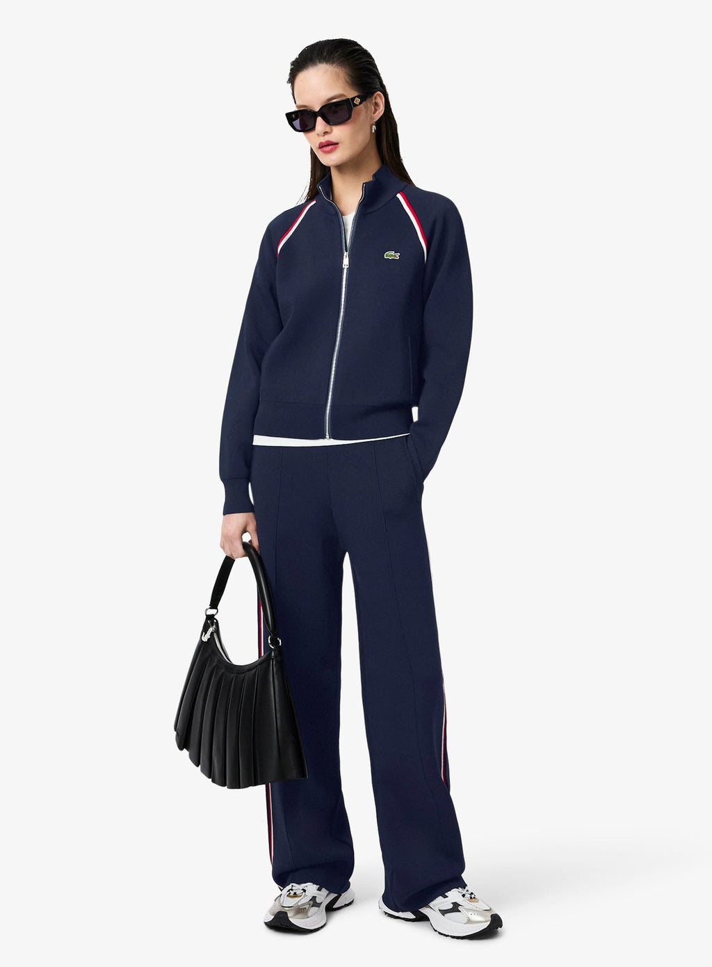 LACOSTE WOMEN High-Neck Zip Front Double Face Classic fit Sweater Navy