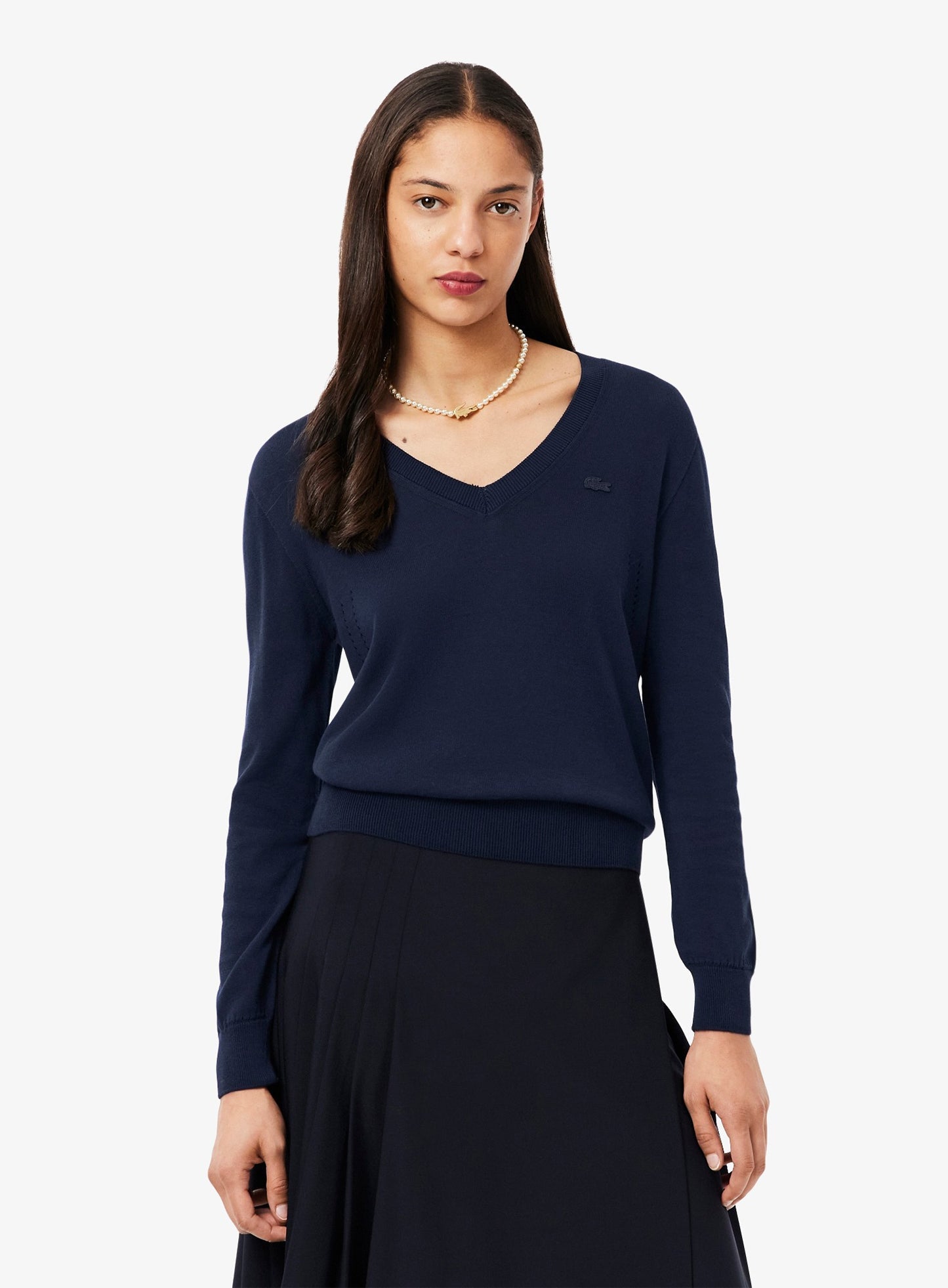 LACOSTE WOMEN Seamless Knit V Neck Sweater Midnight Blue