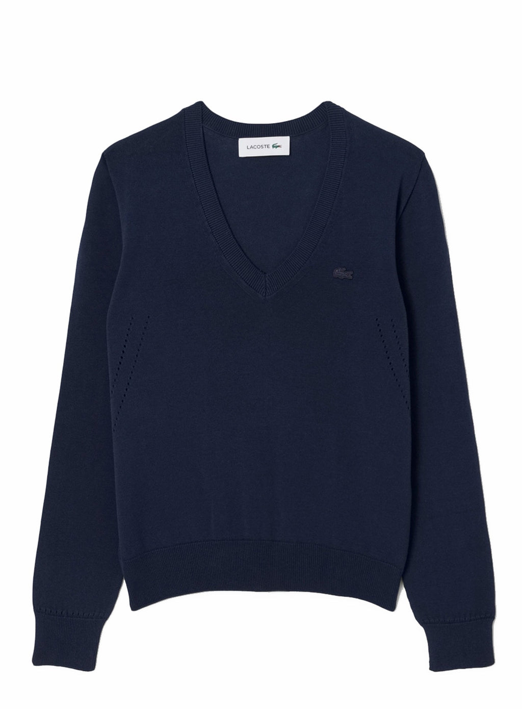 LACOSTE WOMEN Seamless Knit V Neck Sweater Midnight Blue