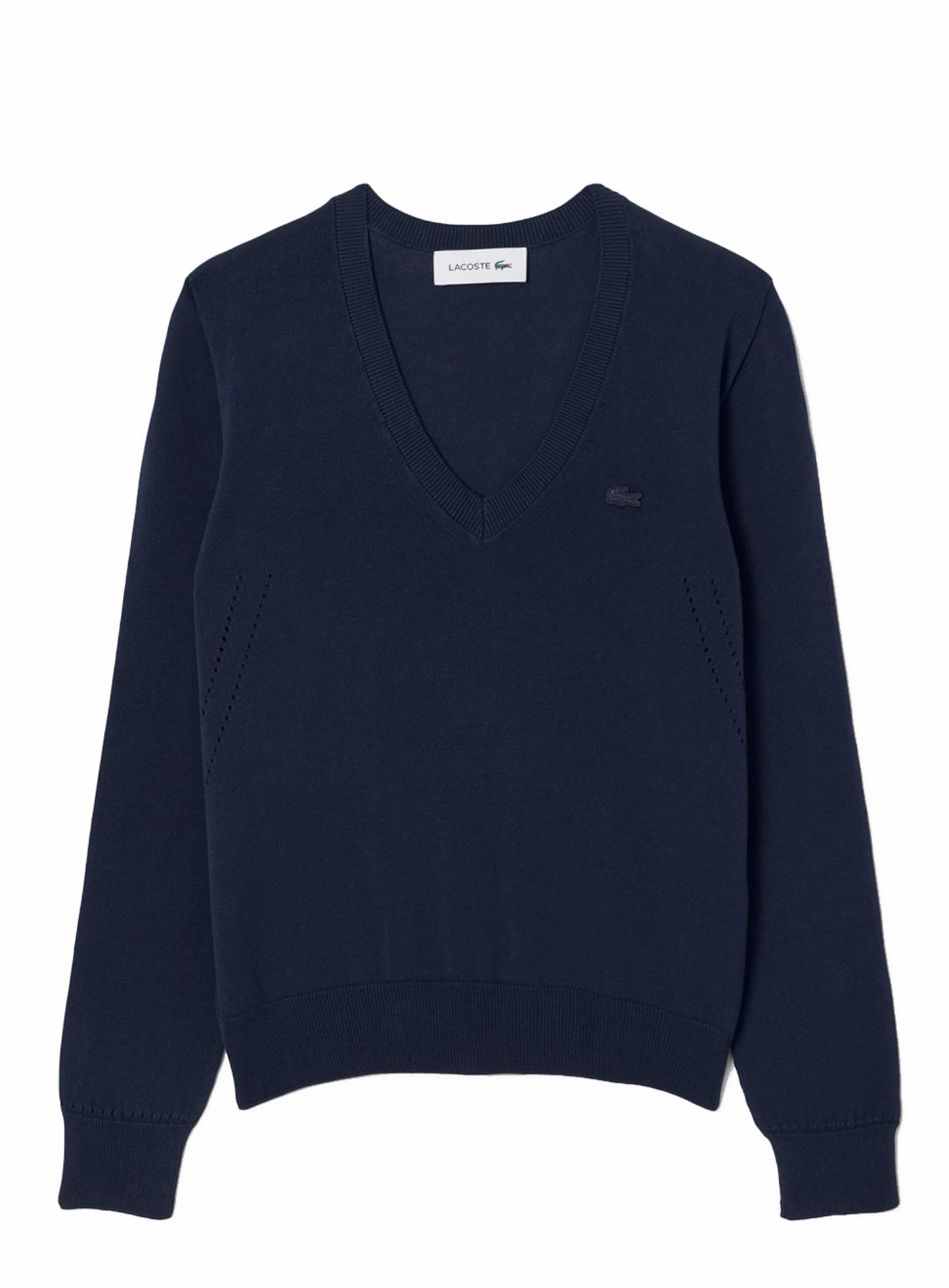 LACOSTE WOMEN Seamless Knit V Neck Sweater Midnight Blue